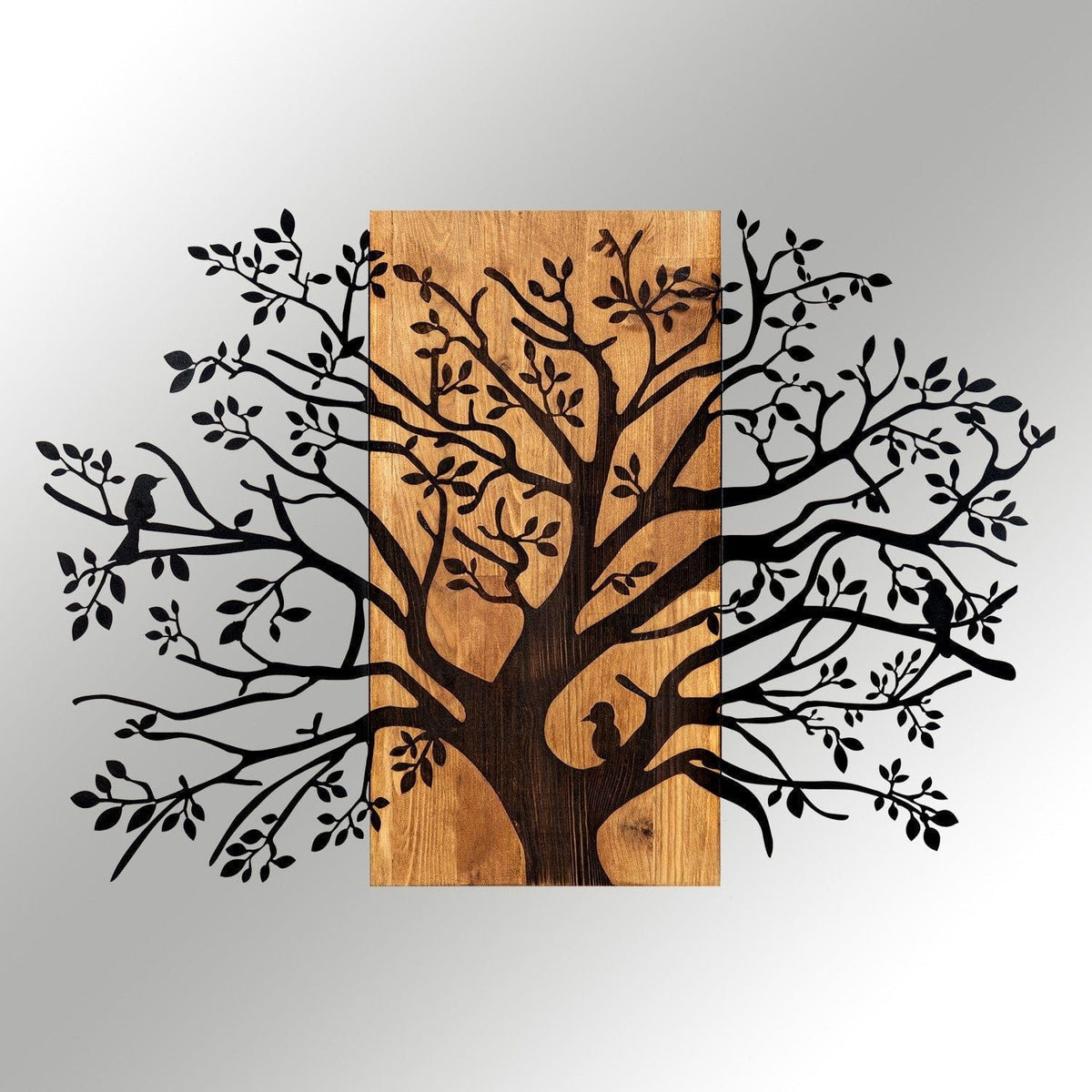 Decoratiune perete KAVAK, negru/stejar, metal/lemn, 85x58 cm