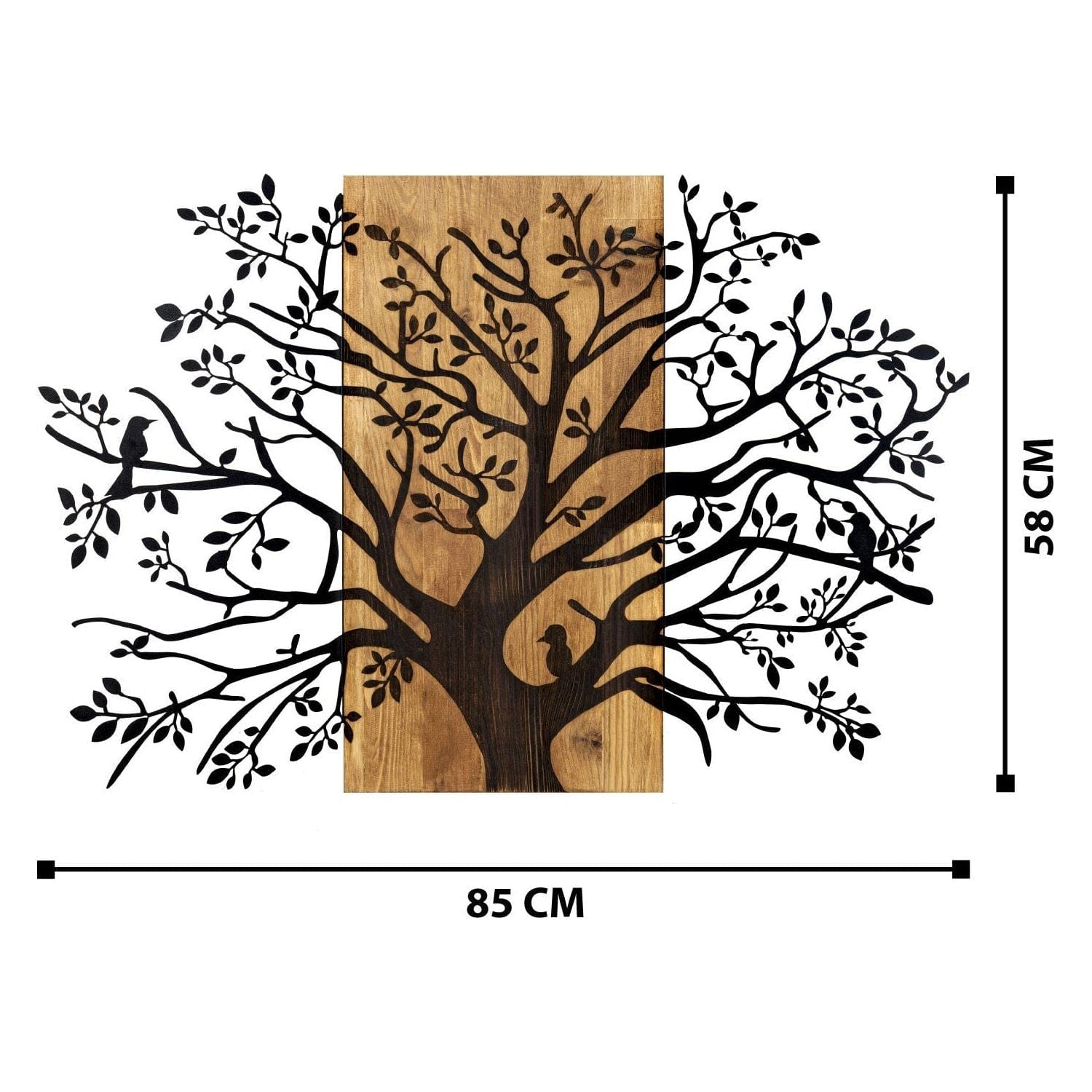 Decoratiune perete KAVAK, negru/stejar, metal/lemn, 85x58 cm