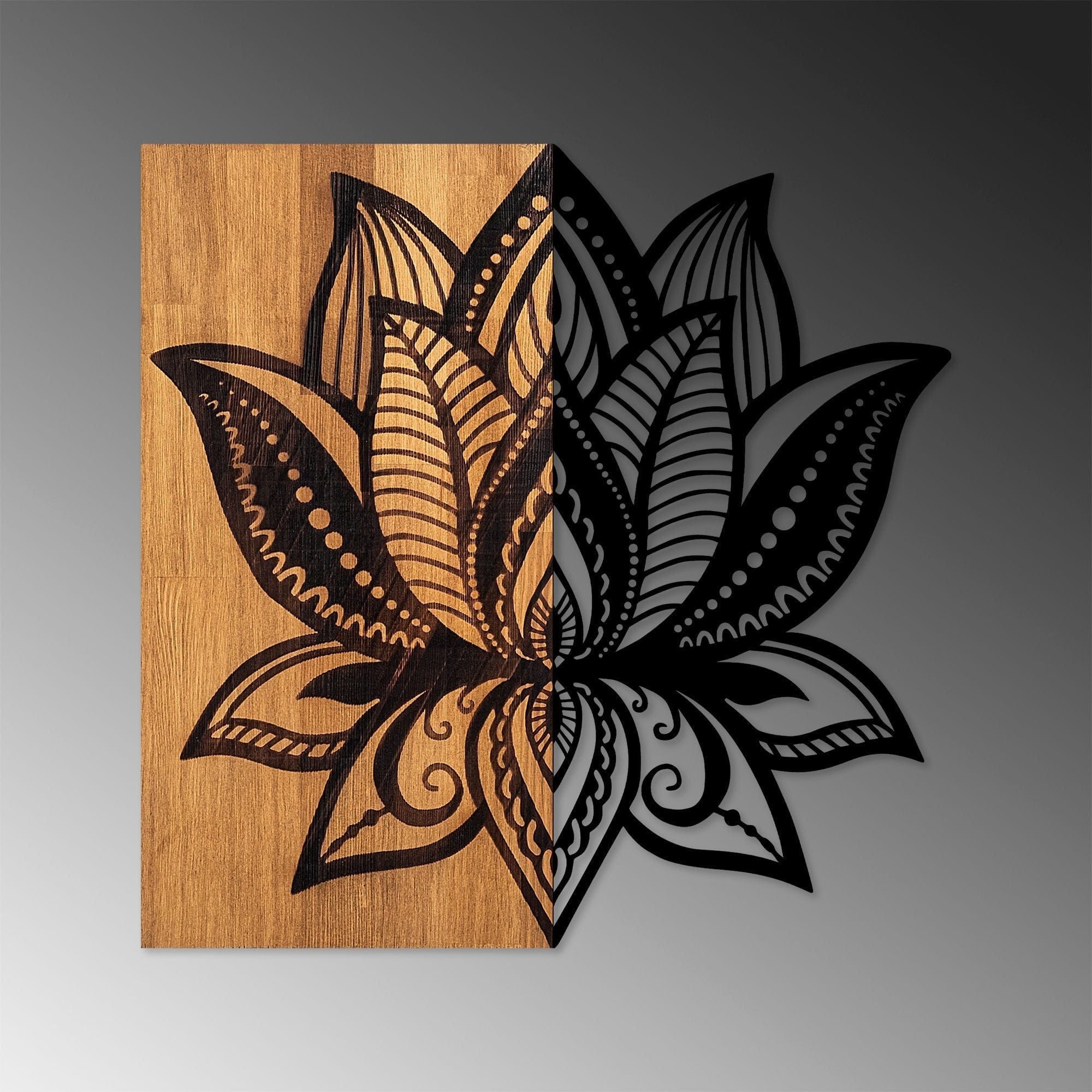Decoratiune perete LOTUS 10, stejar/negru, lemn/metal, 50x58 cm