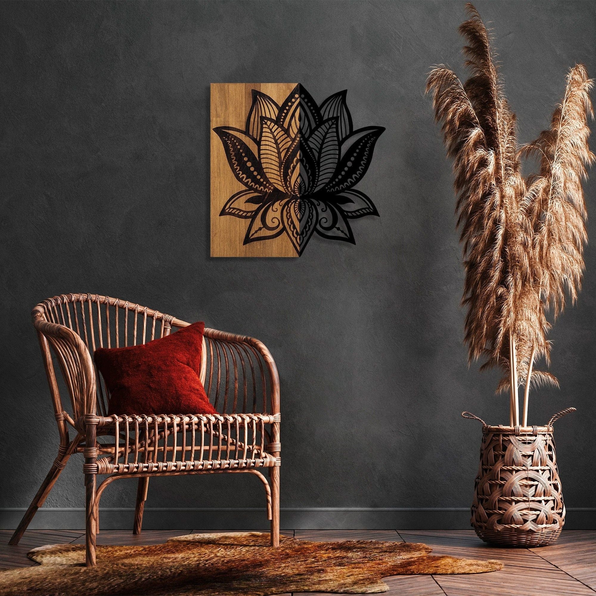 Decoratiune perete LOTUS 10, stejar/negru, lemn/metal, 50x58 cm
