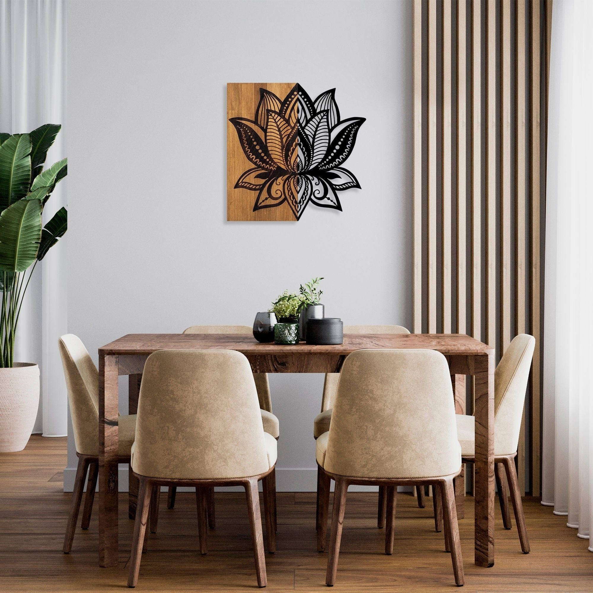 Decoratiune perete LOTUS 10, stejar/negru, lemn/metal, 50x58 cm