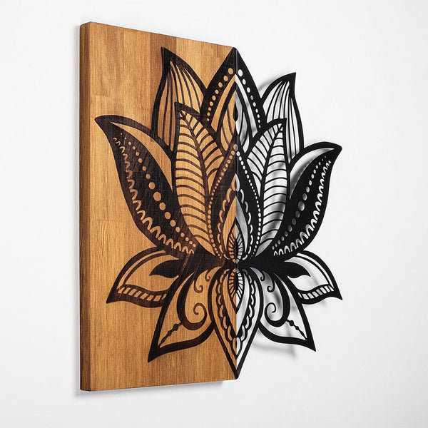 Decoratiune perete LOTUS 10, stejar/negru, lemn/metal, 50x58 cm
