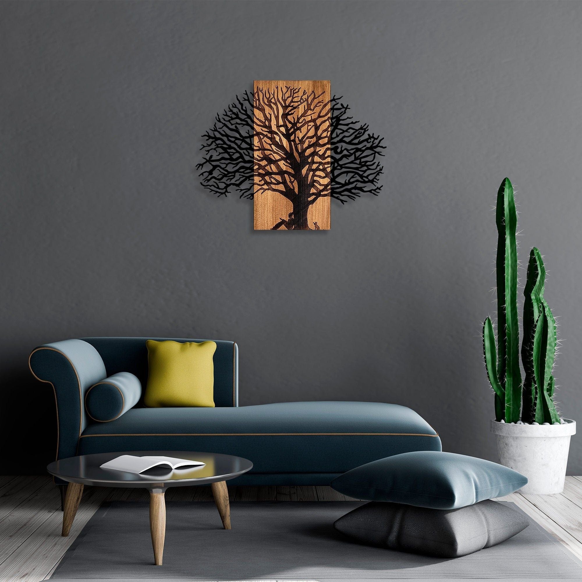 Decoratiune perete MA-307, stejar/negru, lemn/metal, 74x58 cm