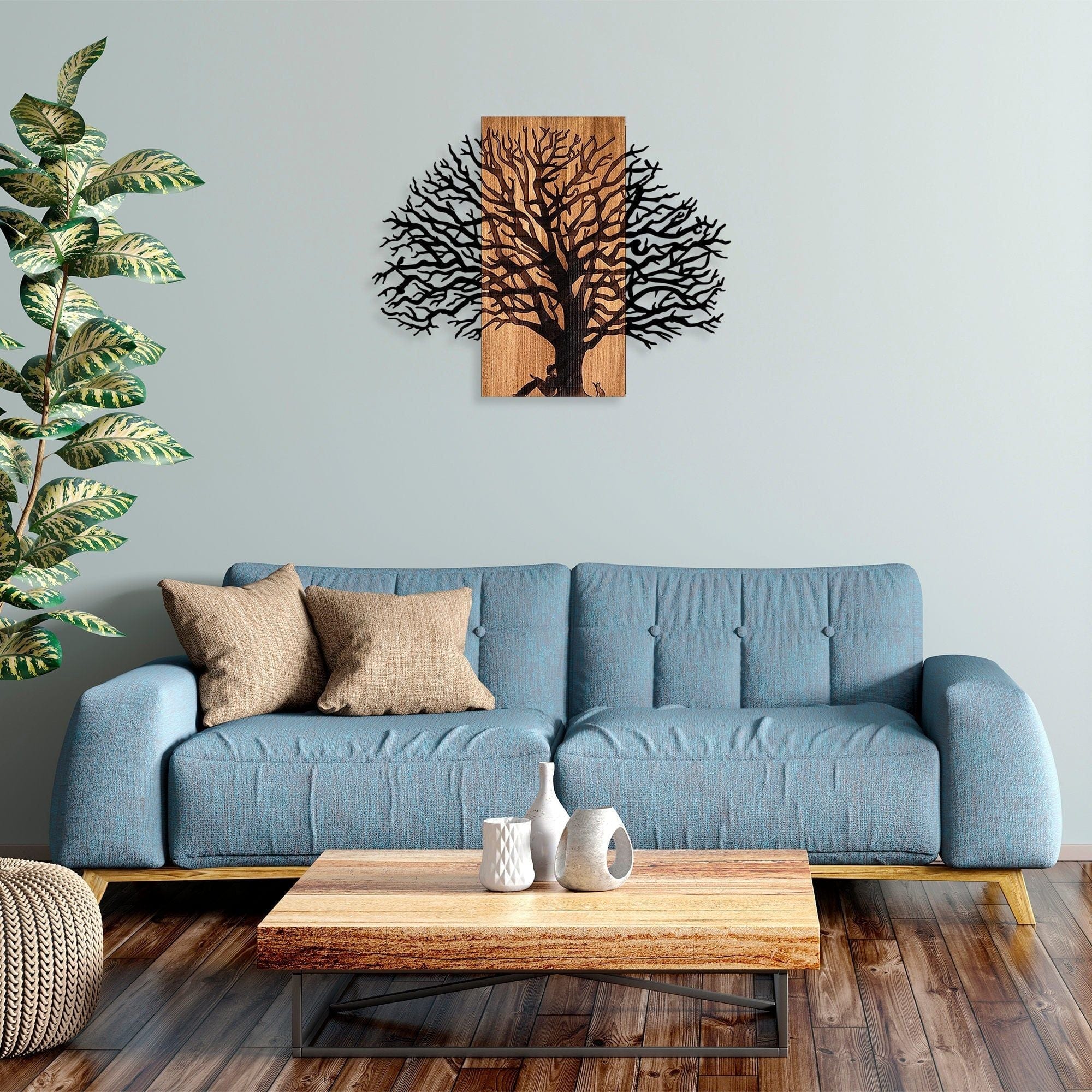 Decoratiune perete MA-307, stejar/negru, lemn/metal, 74x58 cm