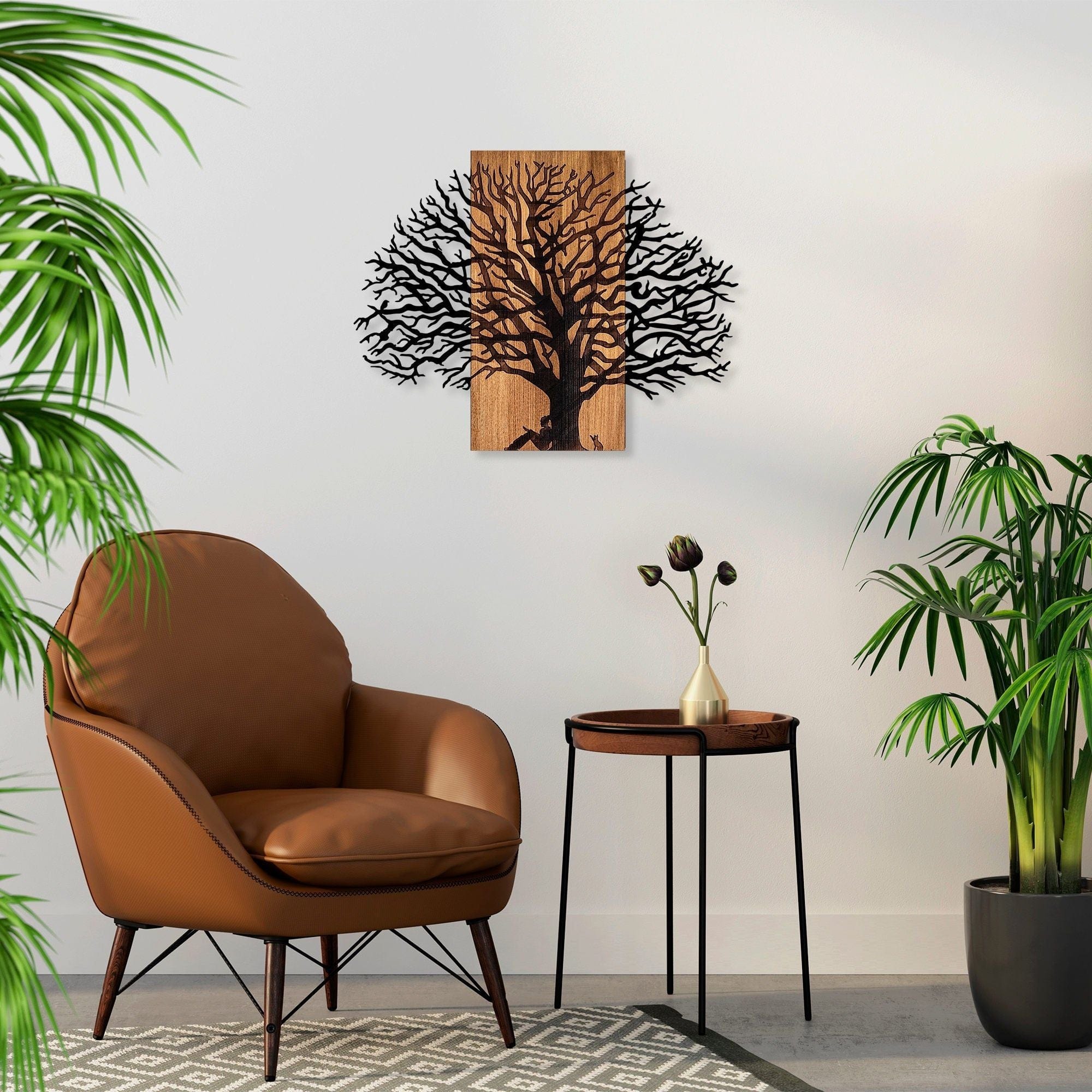 Decoratiune perete MA-307, stejar/negru, lemn/metal, 74x58 cm