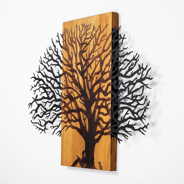 Decoratiune perete MA-307, stejar/negru, lemn/metal, 74x58 cm