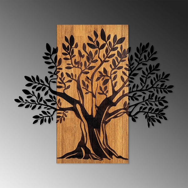 Decoratiune perete MONUMENTAL TREE 2, stejar/negru, lemn/metal, 66x58 cm