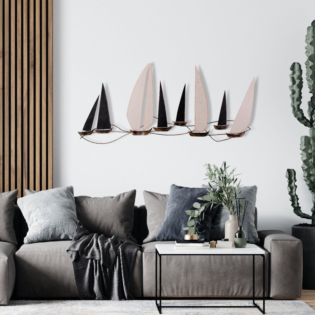 Decoratiune perete OCEAN, negru/bej, metal, 117x1x52 cm