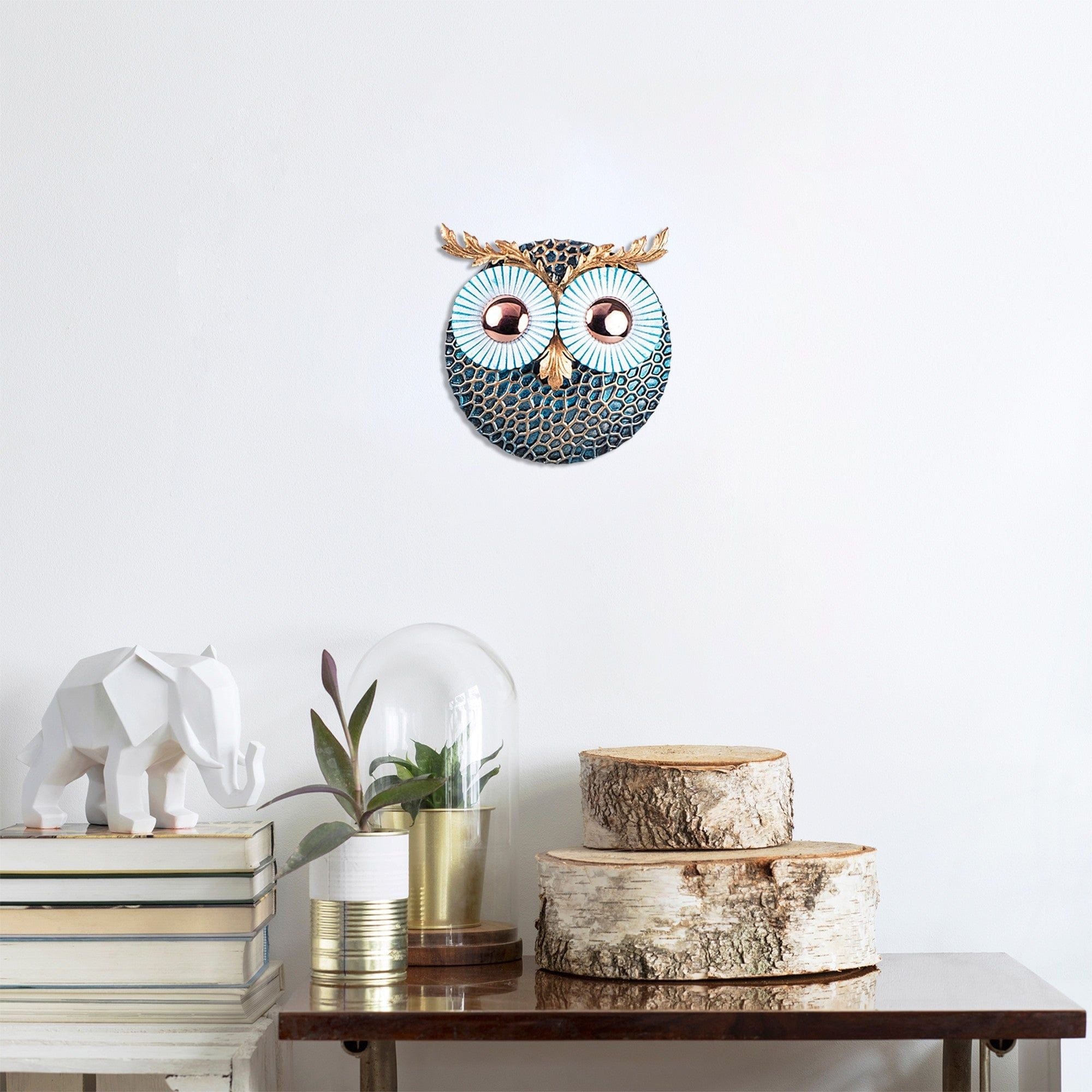 Decoratiune perete OWL 3, albastru/auriu, metal, 19x19 cm