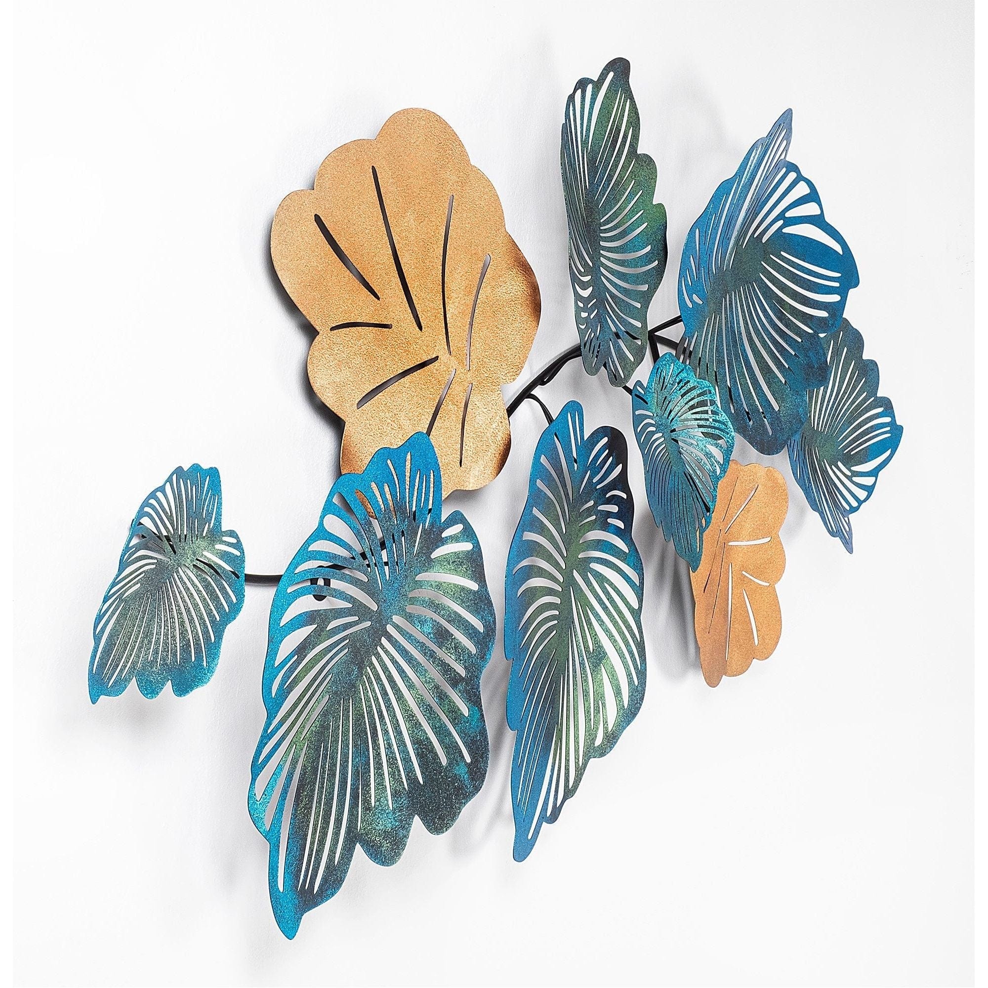 Decoratiune perete PALM, albastru/auriu, metal, 130x64 cm