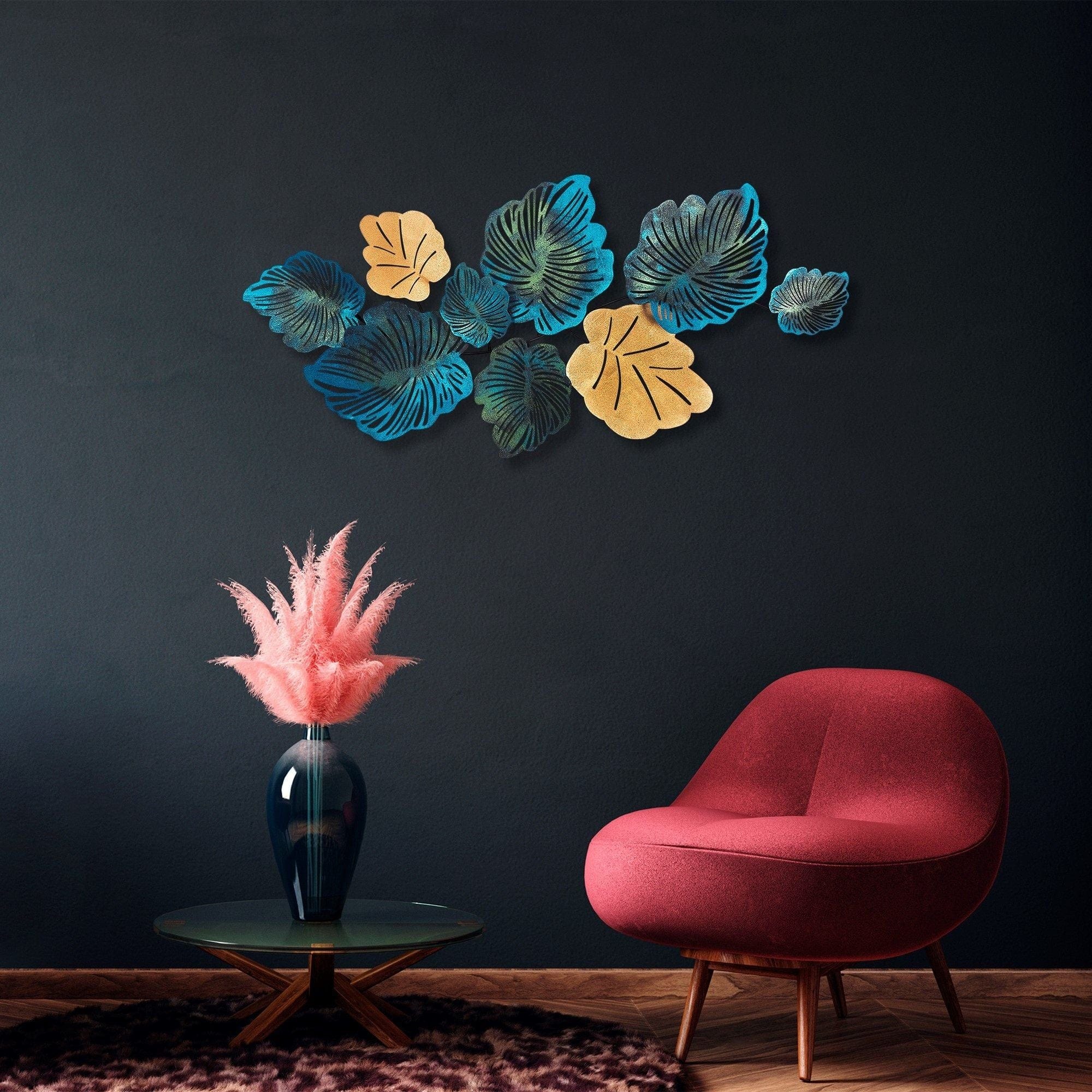 Decoratiune perete PALM, albastru/auriu, metal, 130x64 cm