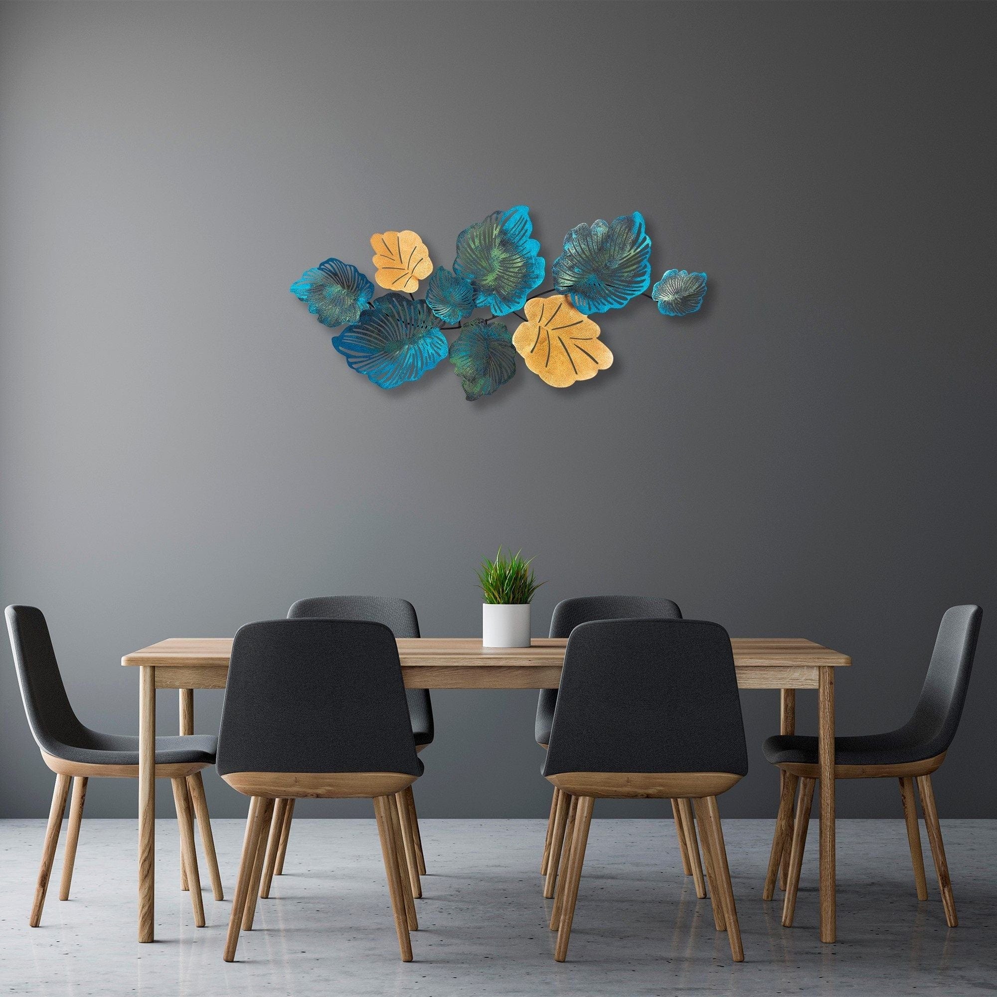 Decoratiune perete PALM, albastru/auriu, metal, 130x64 cm