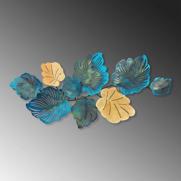 Decoratiune perete PALM, albastru/auriu, metal, 130x64 cm