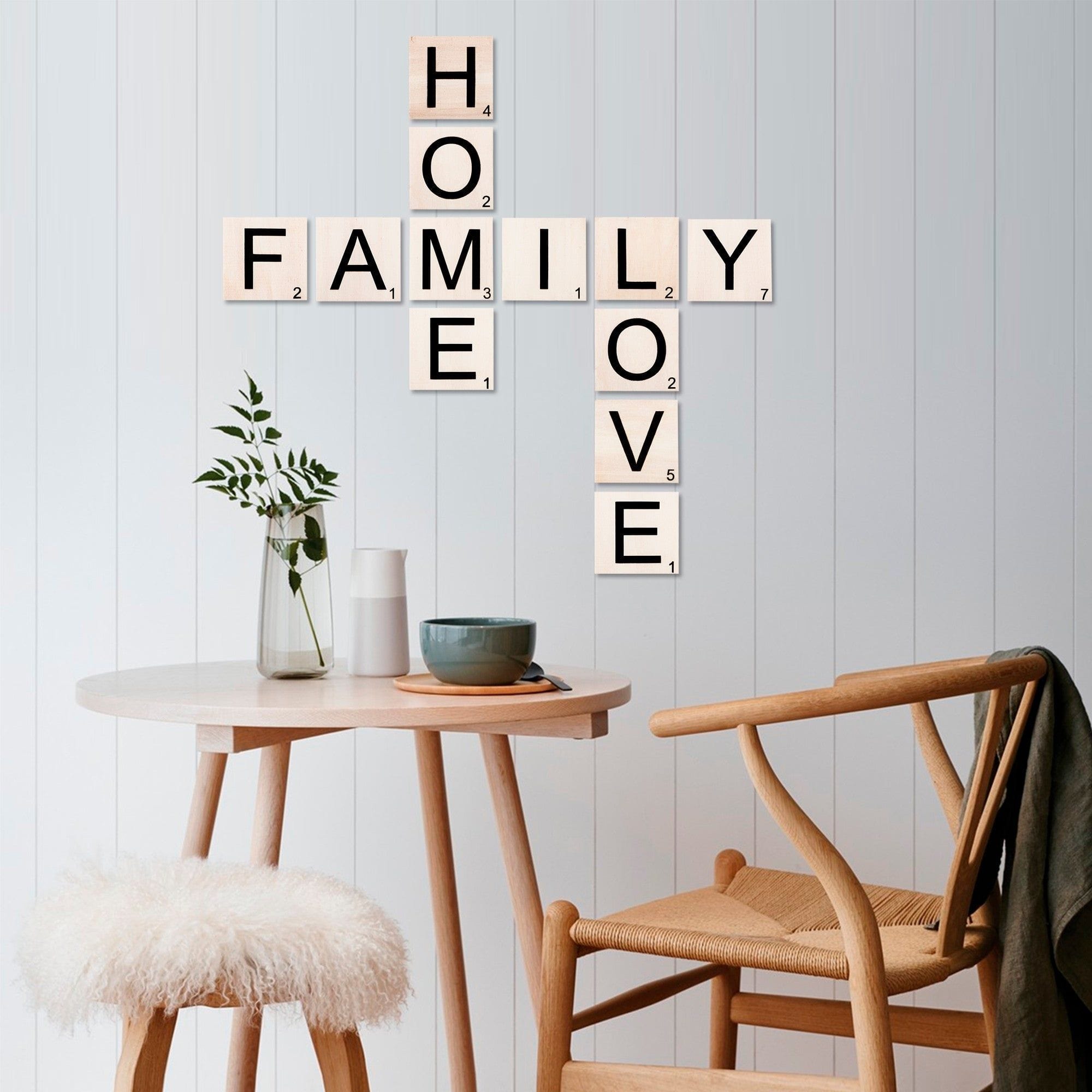 Decoratiune perete SCRABBLE, crem/negru, lemn, 95x95 cm