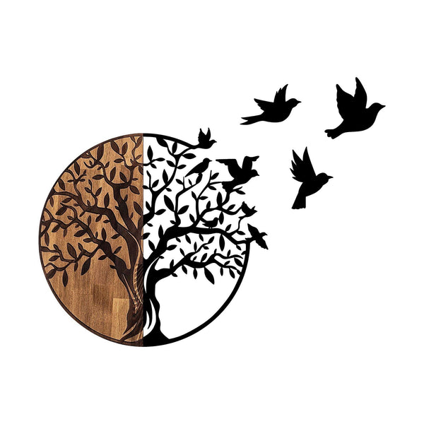 Decoratiune perete TREE AND BIRDS 322, negru/nuc, metal/lemn, 92x3x71 cm