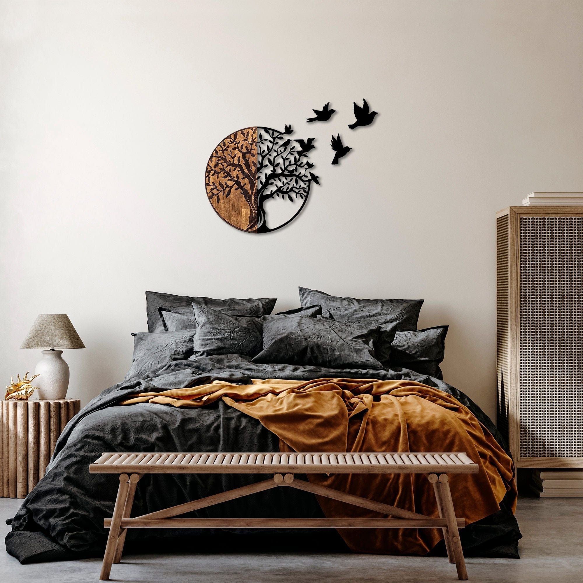 Decoratiune perete TREE AND BIRDS 322, negru/nuc, metal/lemn, 92x3x71 cm