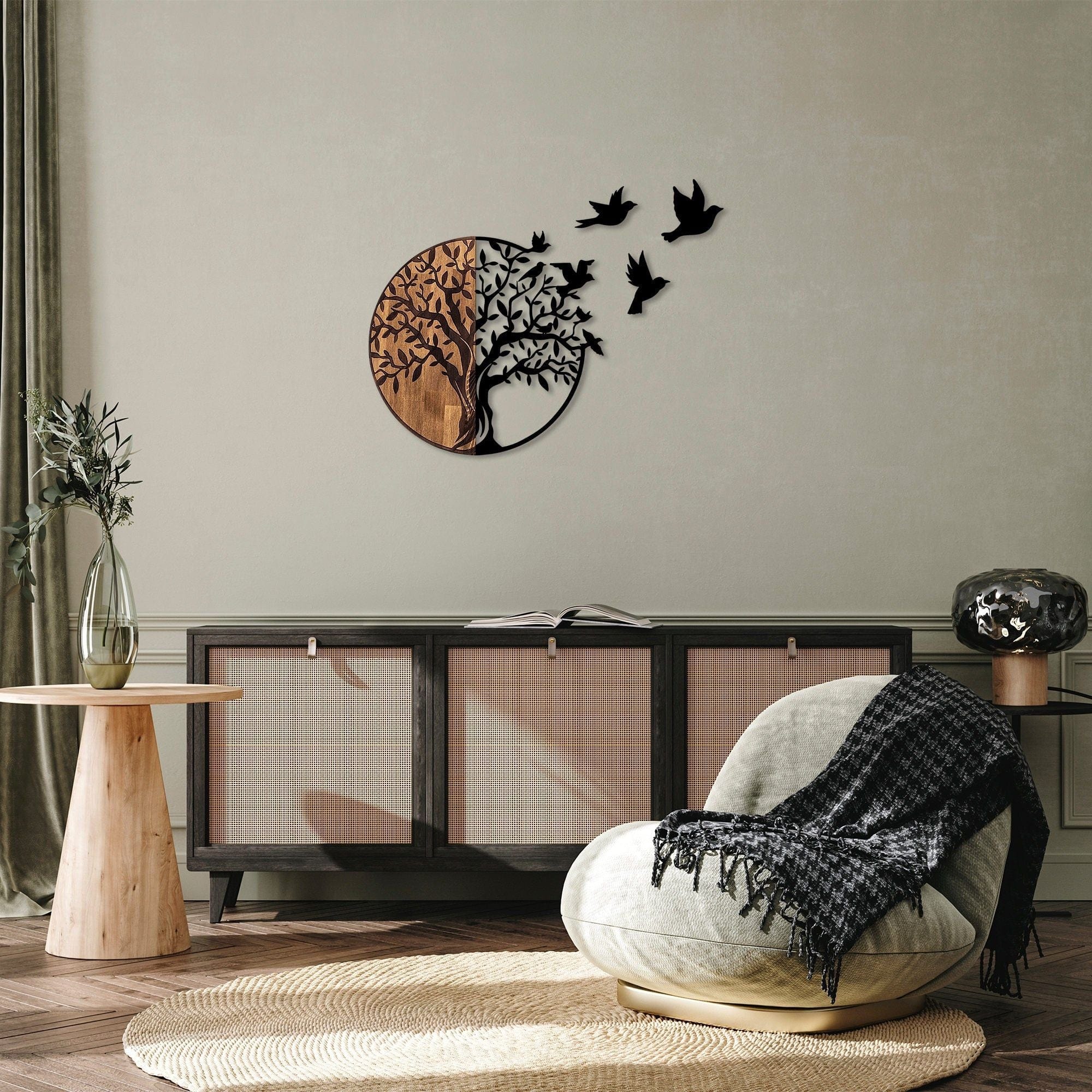 Decoratiune perete TREE AND BIRDS 322, negru/nuc, metal/lemn, 92x3x71 cm