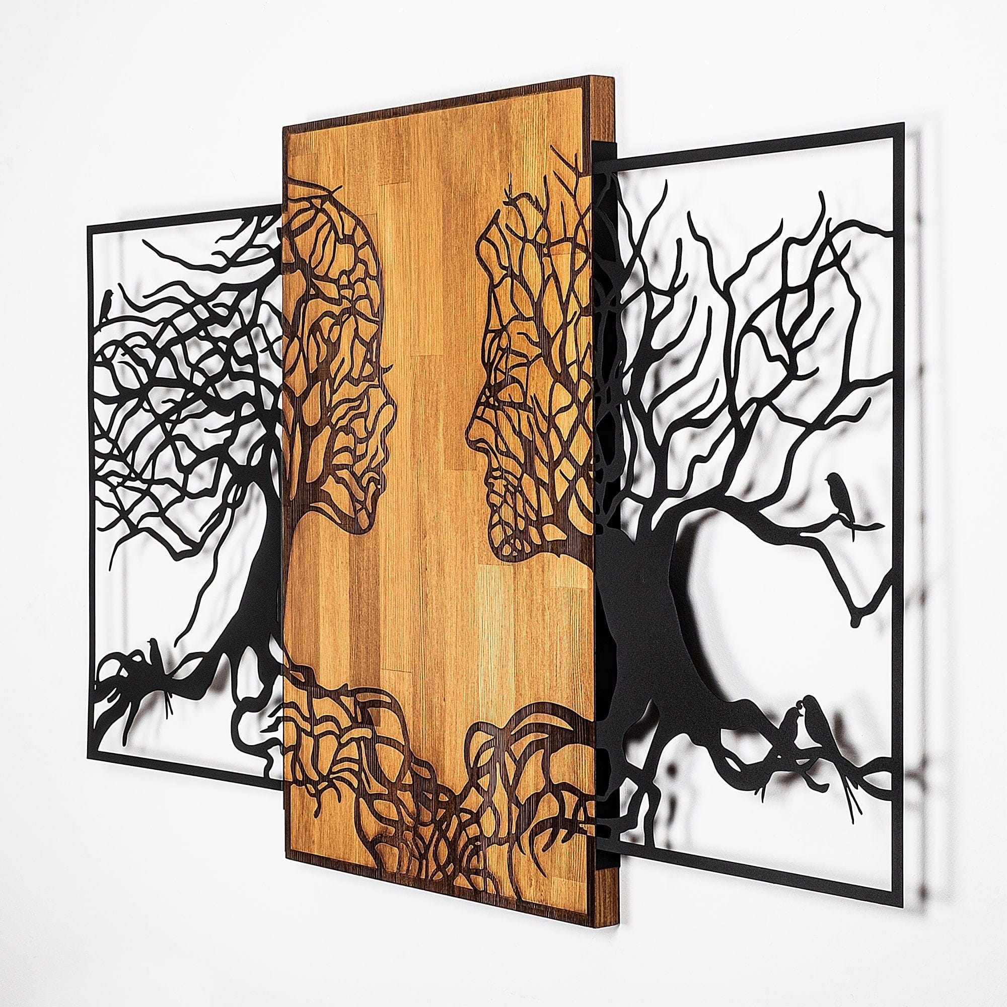 Decoratiune perete TREE LOVE 312, negru/nuc, metal/lemn, 125x3x79 cm