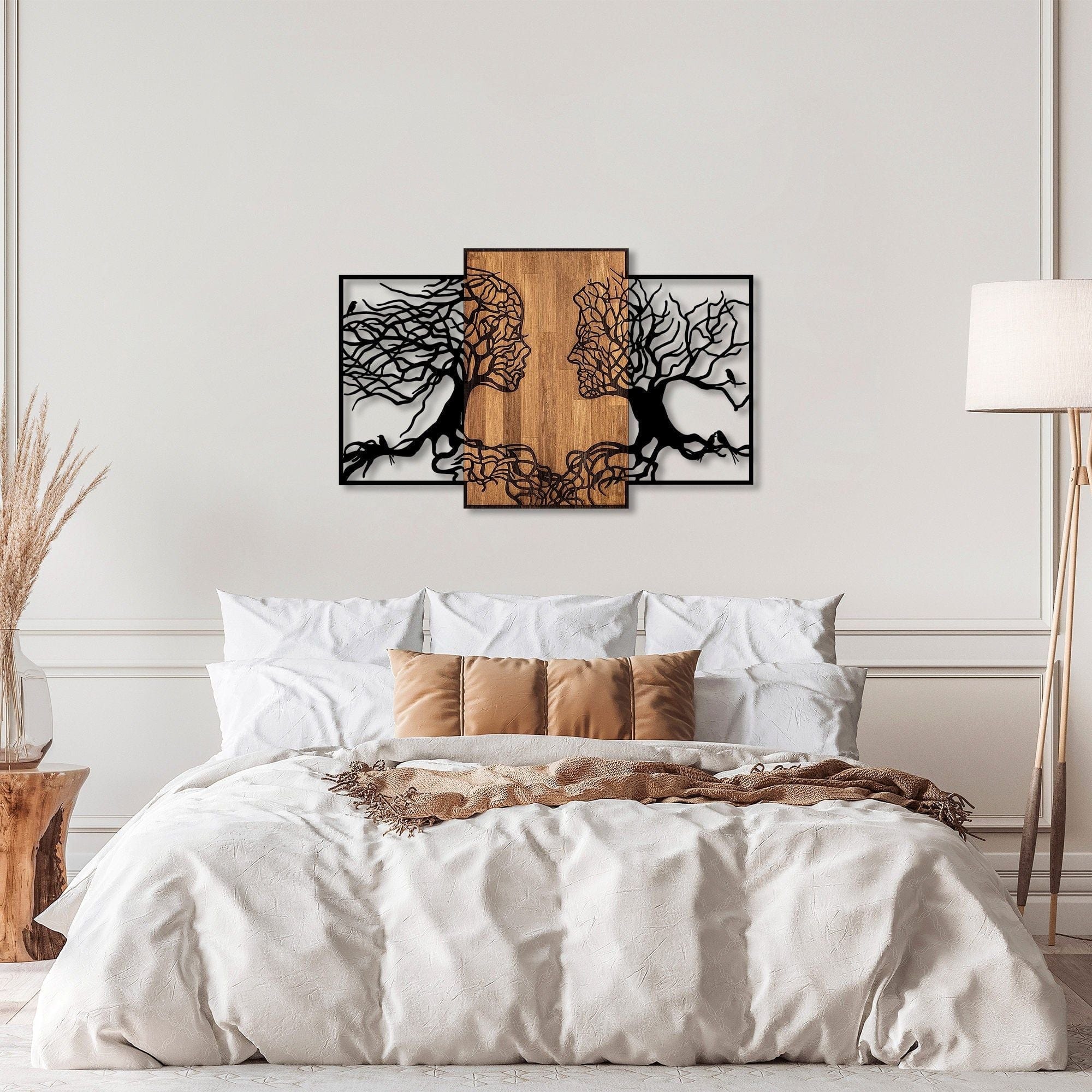 Decoratiune perete TREE LOVE 312, negru/nuc, metal/lemn, 125x3x79 cm
