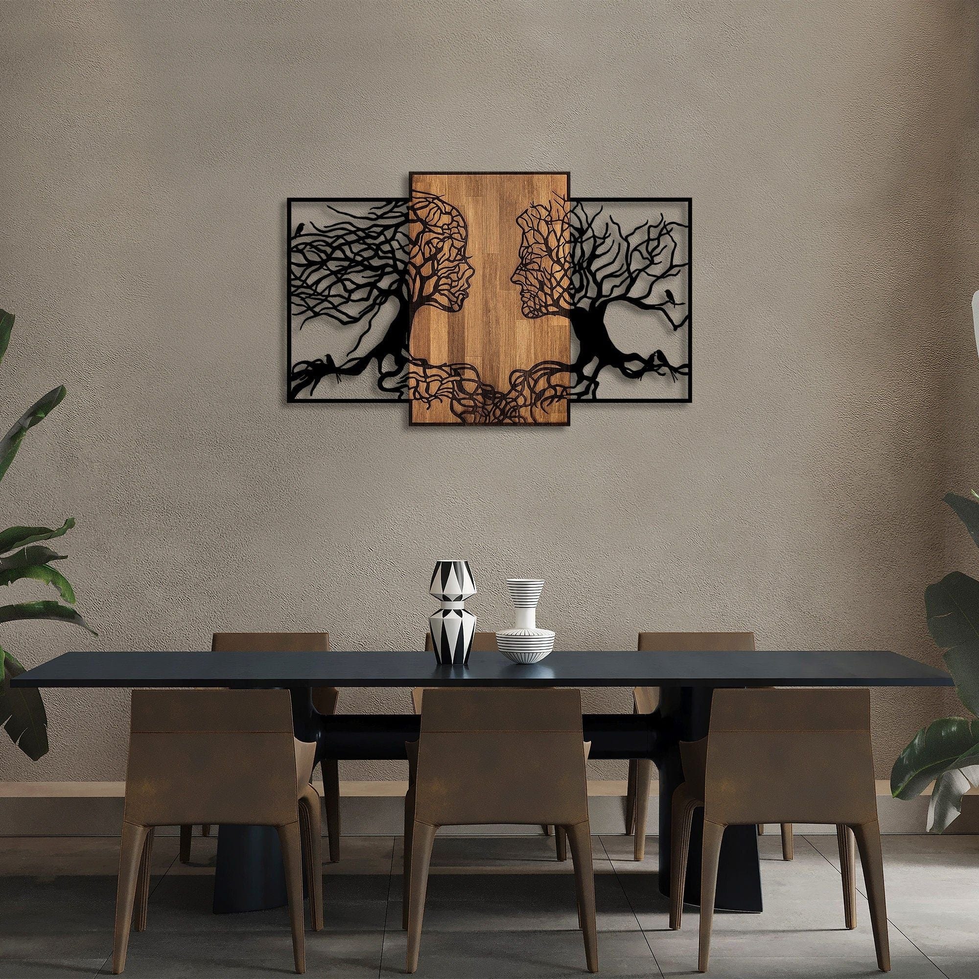 Decoratiune perete TREE LOVE 312, negru/nuc, metal/lemn, 125x3x79 cm