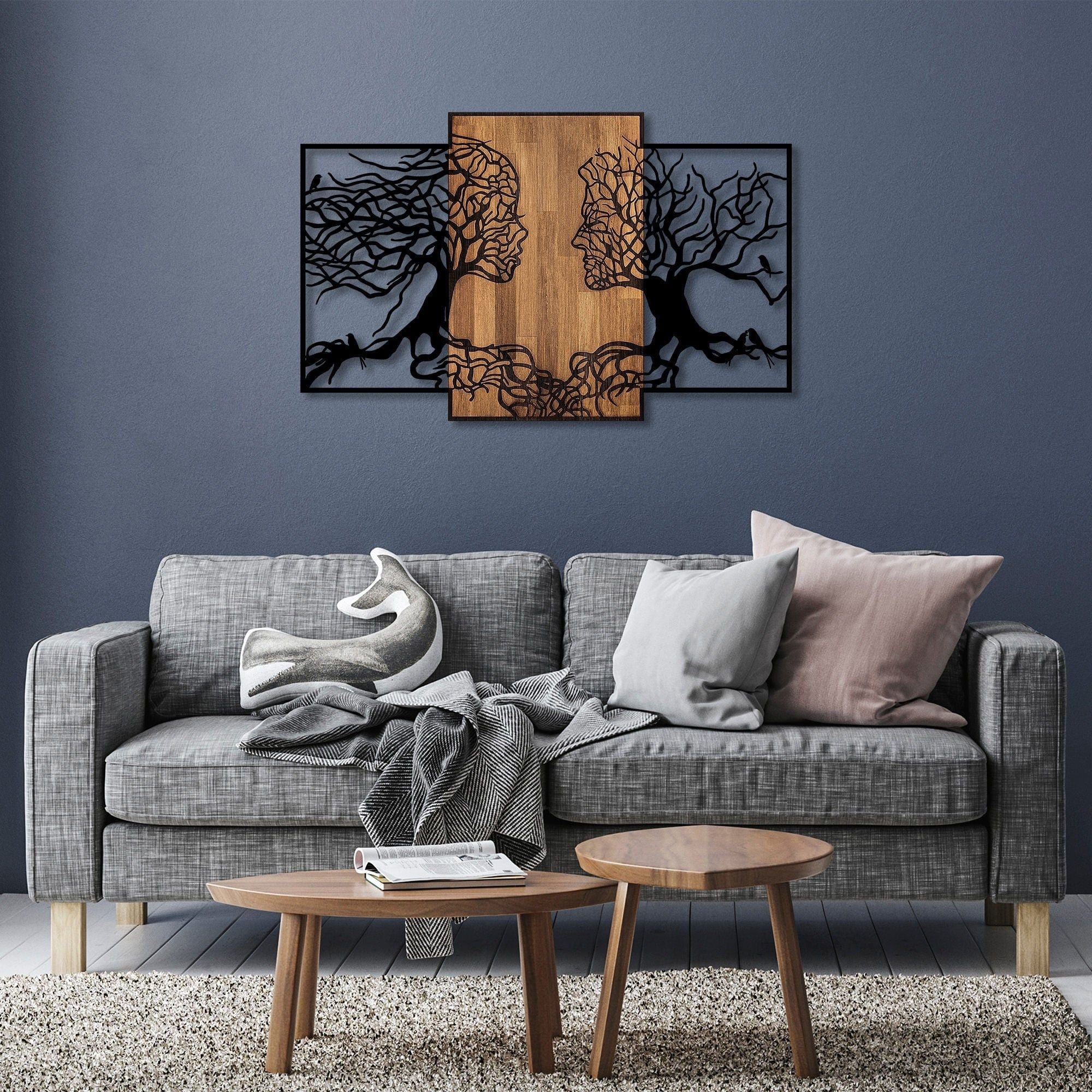 Decoratiune perete TREE LOVE 312, negru/nuc, metal/lemn, 125x3x79 cm