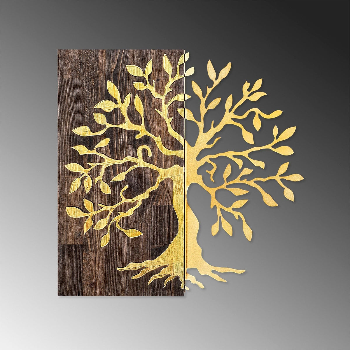 Decoratiune perete TREE, nuc/auriu, lemn/metal, 58x58 cm