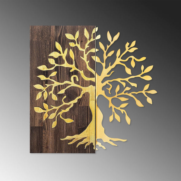 Decoratiune perete TREE, nuc/auriu, lemn/metal, 58x58 cm