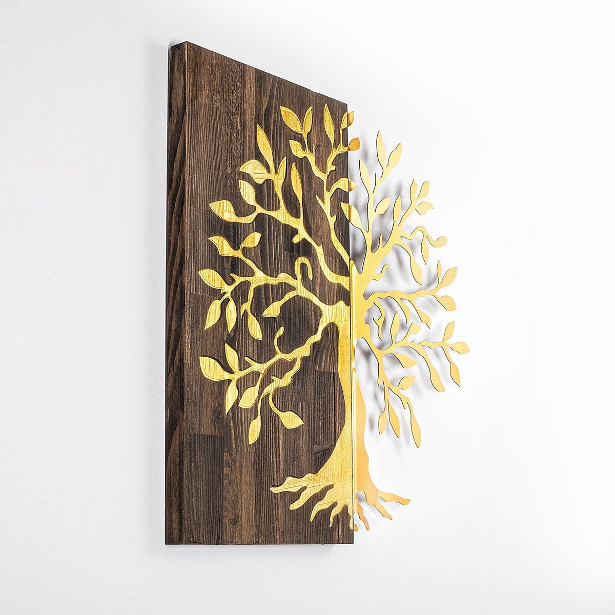 Decoratiune perete TREE, nuc/auriu, lemn/metal, 58x58 cm
