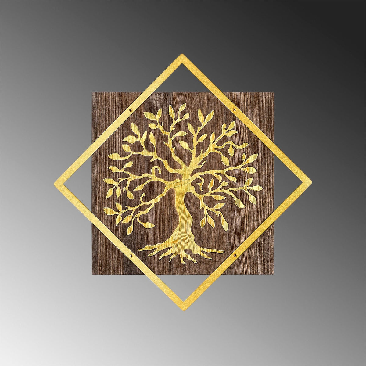 Decoratiune perete TREE V2, nuc/auriu, lemn/metal, 54x54 cm