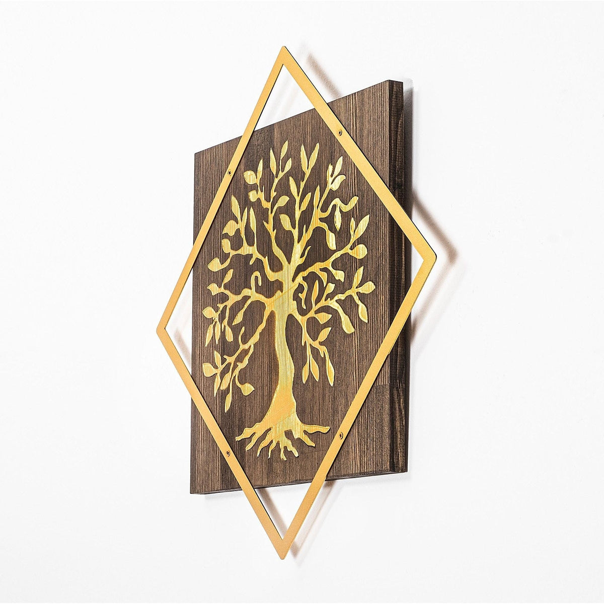 Decoratiune perete TREE V2, nuc/auriu, lemn/metal, 54x54 cm
