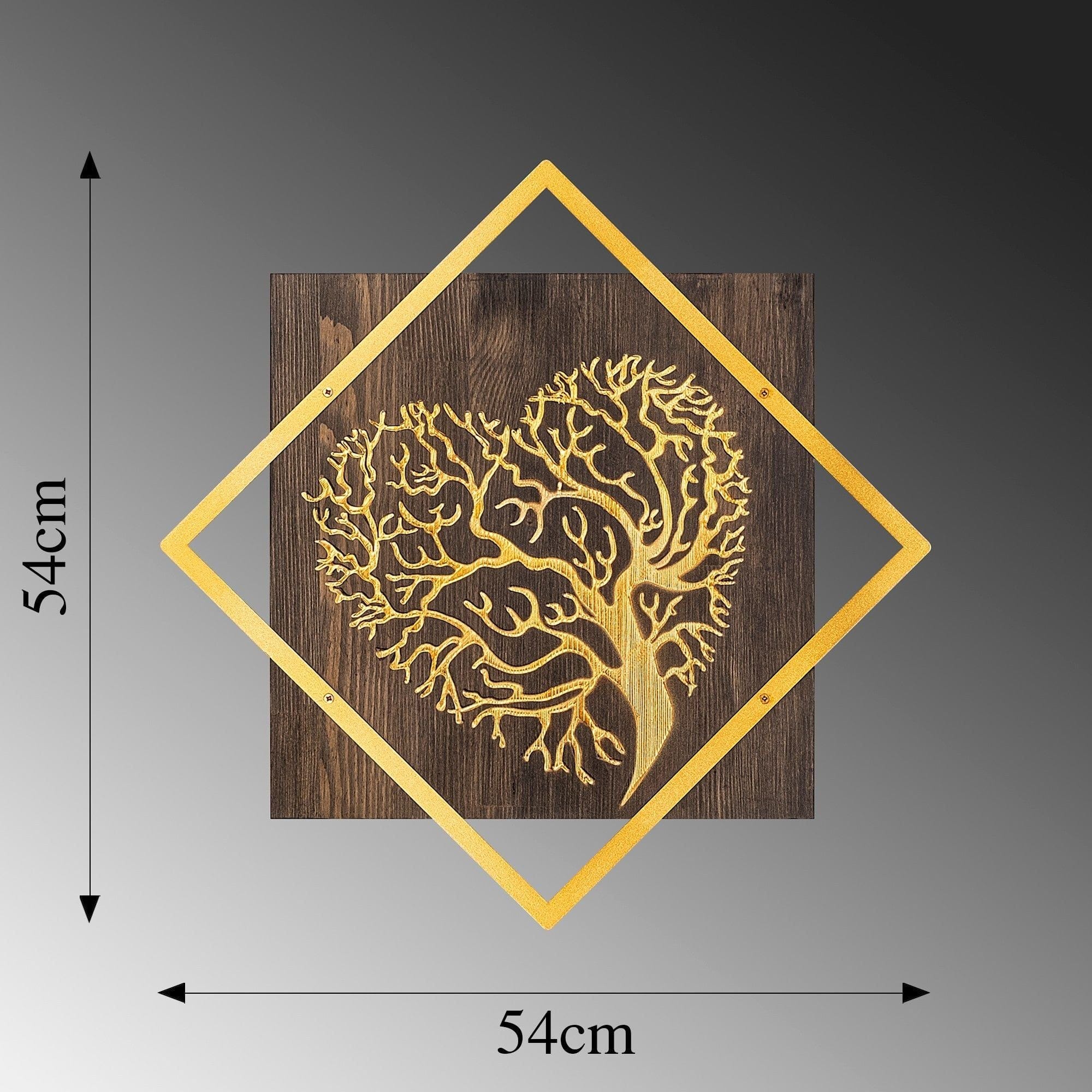 Decoratiune perete TREE V3, nuc/auriu, lemn/metal, 54x54 cm