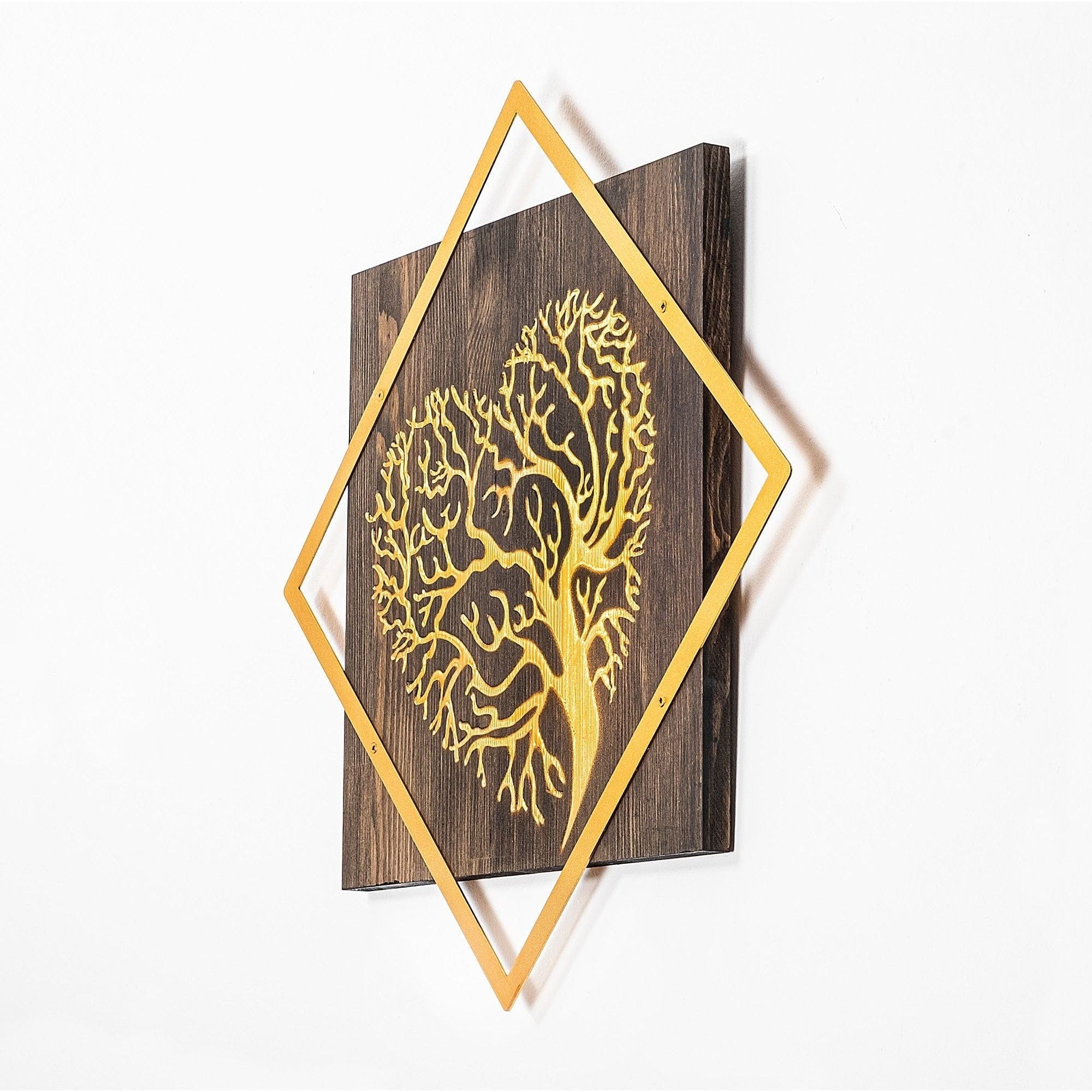 Decoratiune perete TREE V3, nuc/auriu, lemn/metal, 54x54 cm