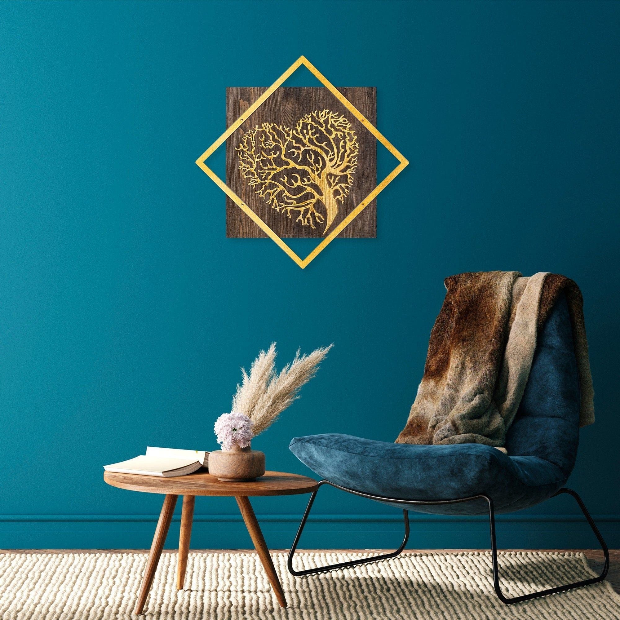 Decoratiune perete TREE V3, nuc/auriu, lemn/metal, 54x54 cm