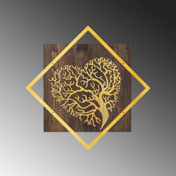 Decoratiune perete TREE V3, nuc/auriu, lemn/metal, 54x54 cm