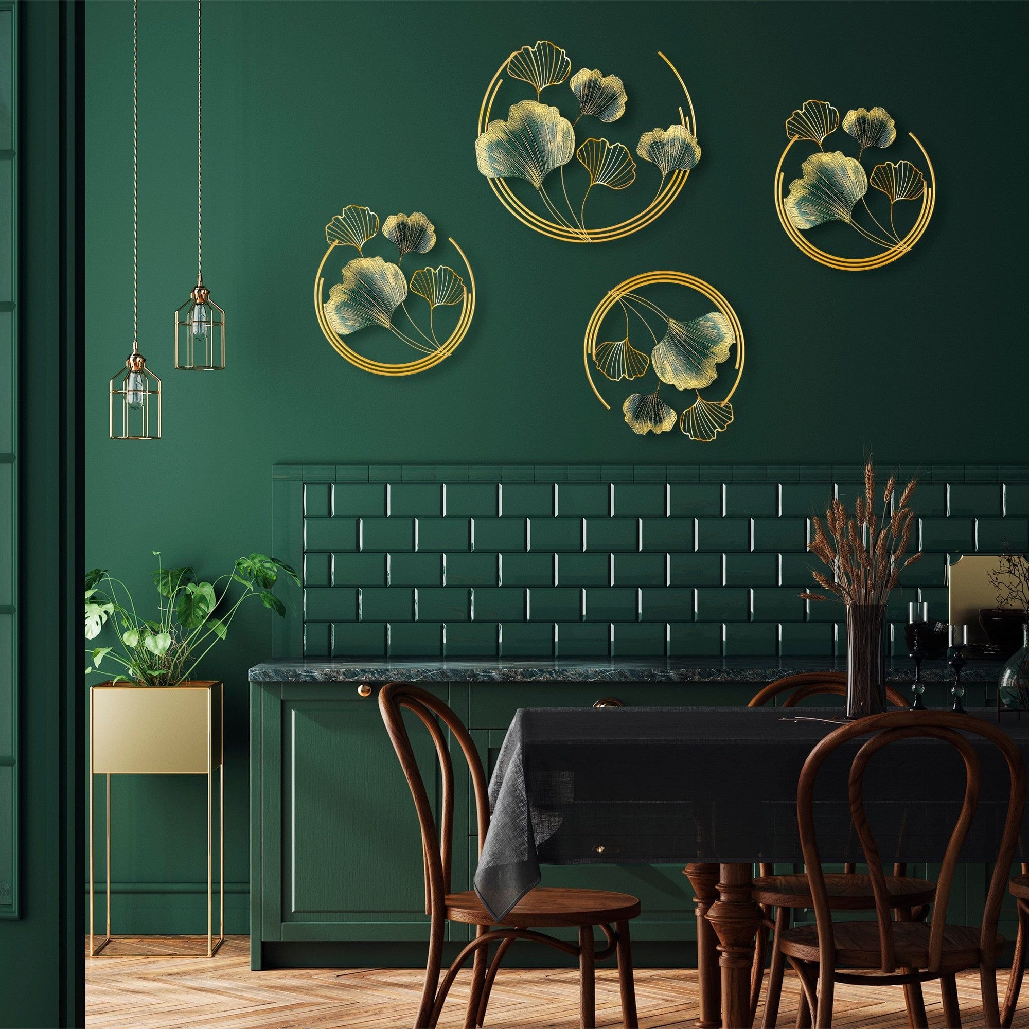 Decoratiune perete WEIFANG, auriu/verde, metal, 70x7x70 cm