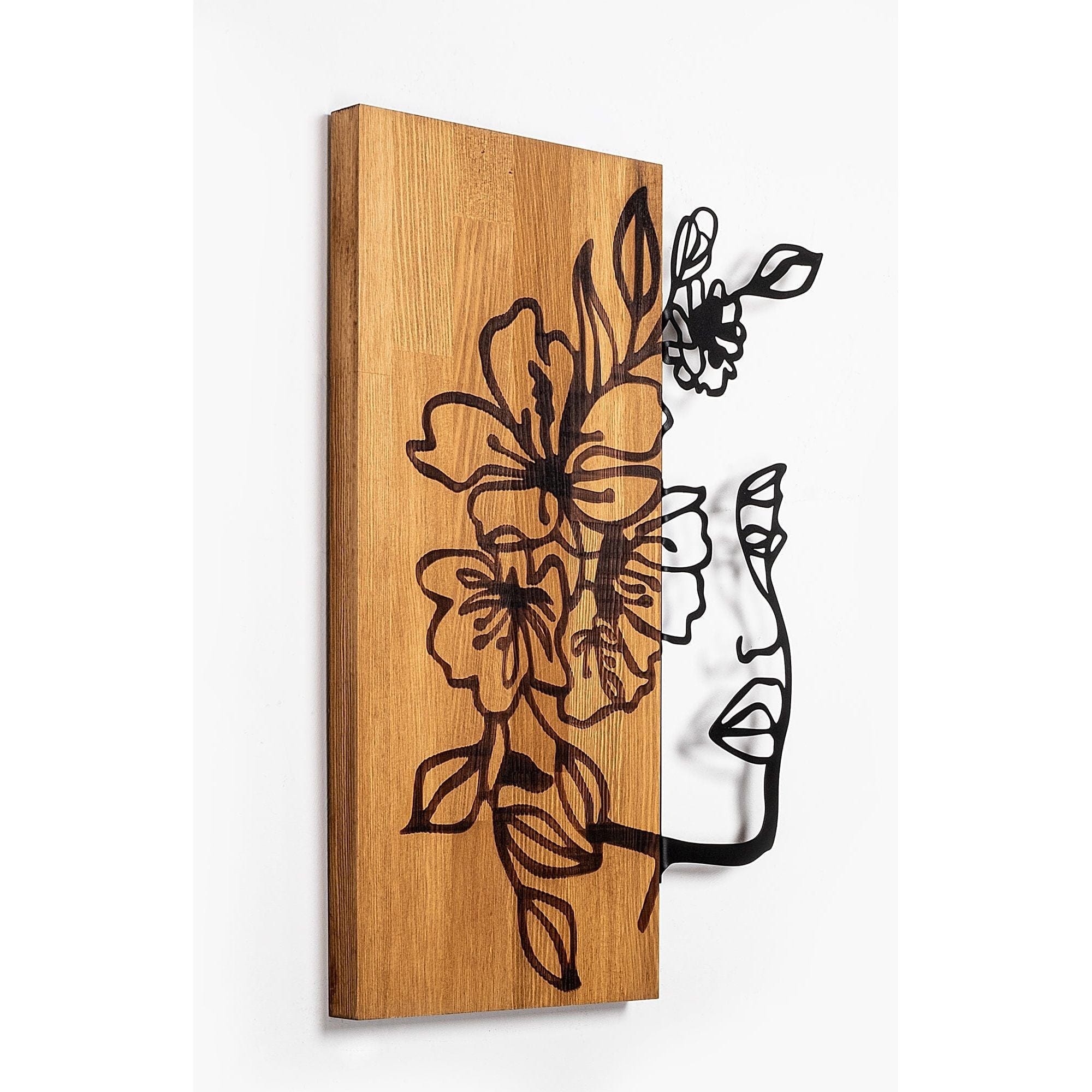 Decoratiune perete WOMAN FLORAL FACE 372, stejar/negru, lemn/metal, 40x58 cm