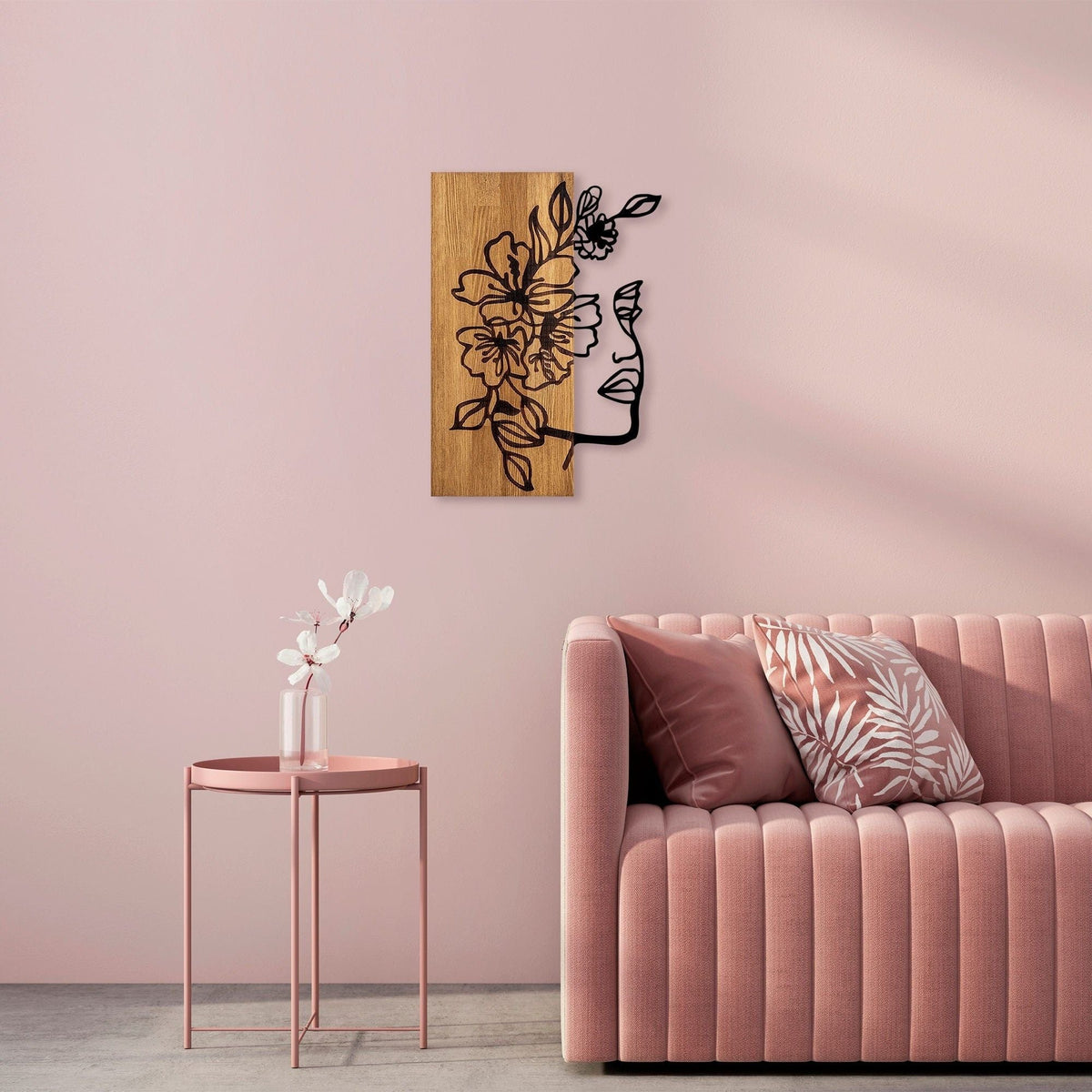 Decoratiune perete WOMAN FLORAL FACE 372, stejar/negru, lemn/metal, 40x58 cm