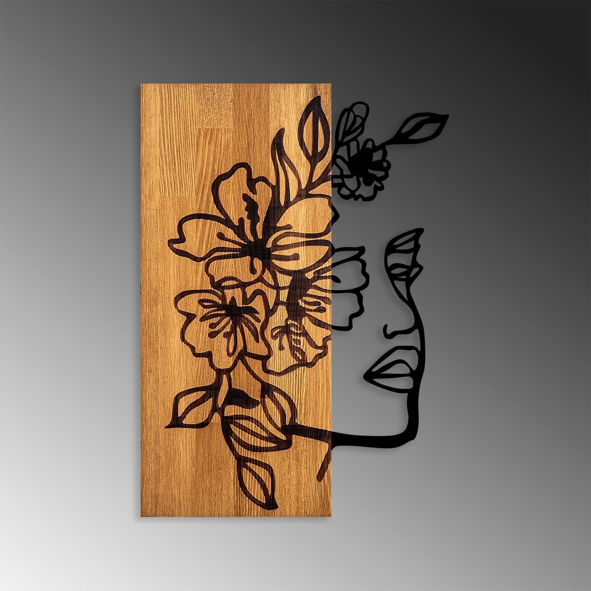 Decoratiune perete WOMAN FLORAL FACE 372, stejar/negru, lemn/metal, 40x58 cm