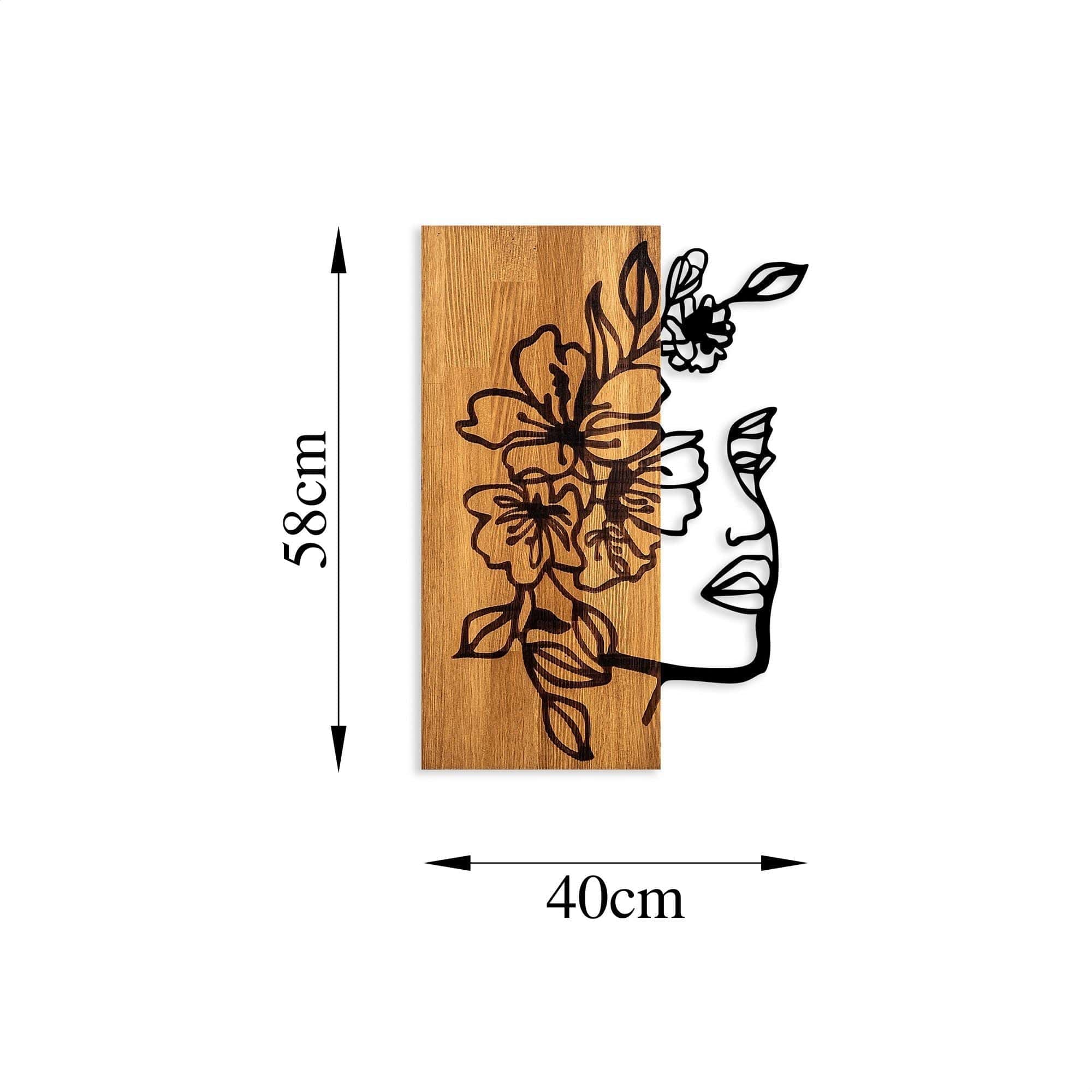 Decoratiune perete WOMAN FLORAL FACE 372, stejar/negru, lemn/metal, 40x58 cm