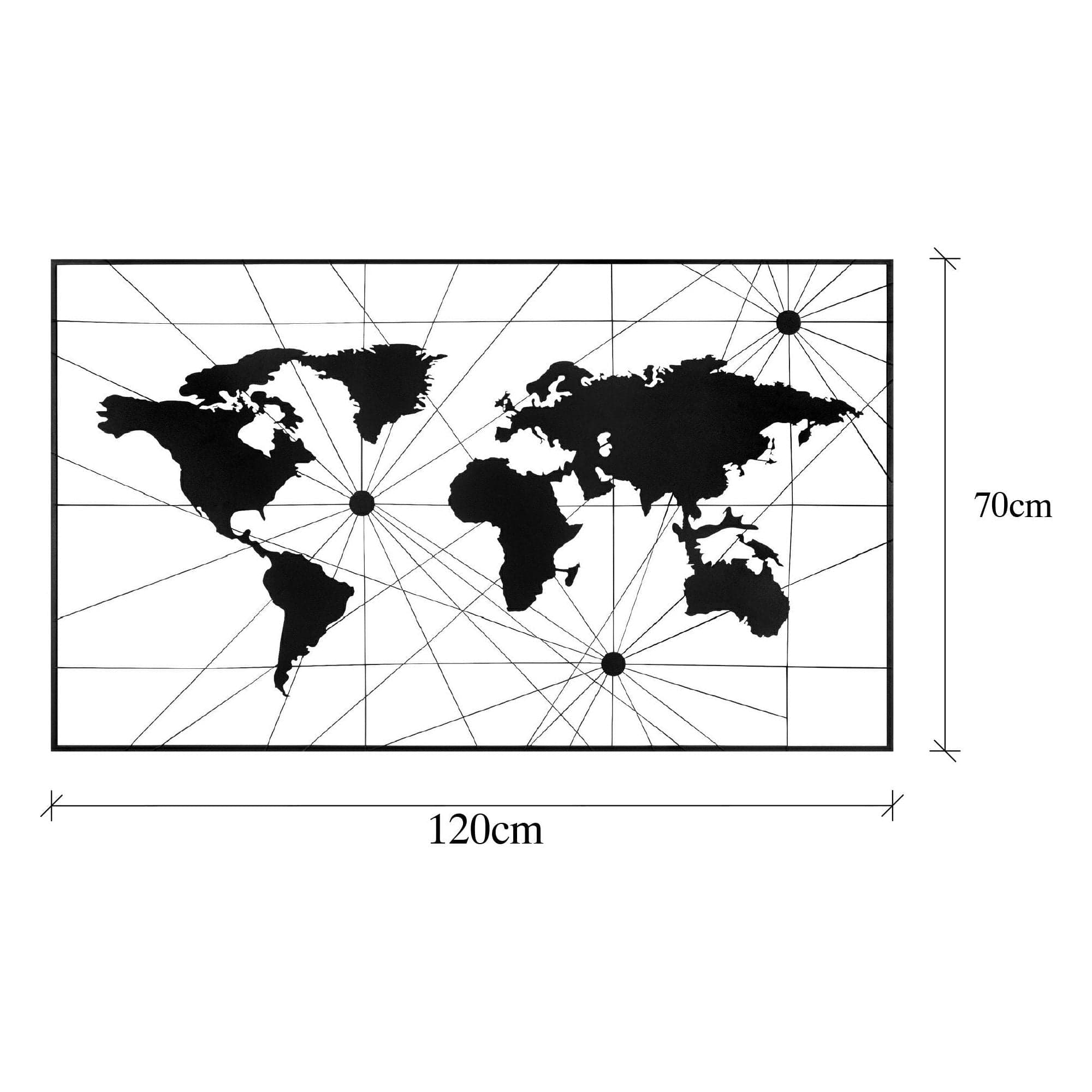 Decoratiune perete WORLD MAP 16, negru, metal, 120x70 cm