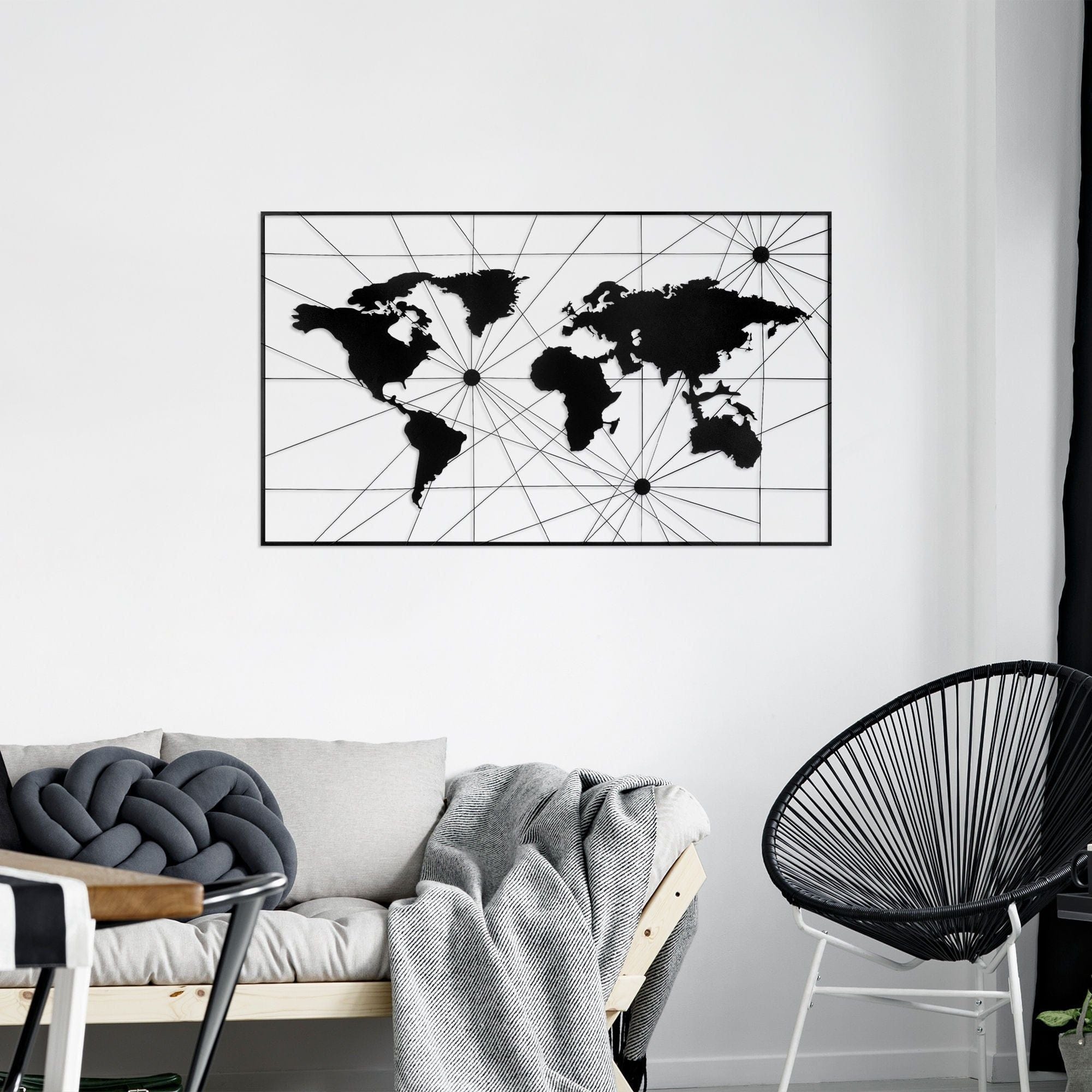 Decoratiune perete WORLD MAP 16, negru, metal, 120x70 cm