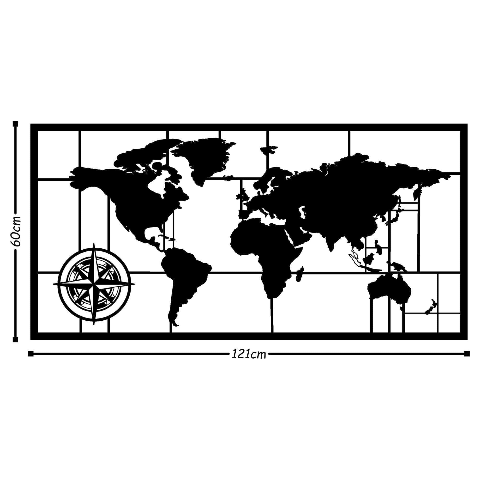 Decoratiune perete WORLD MAP DECOR 7, negru, metal, 121x60 cm