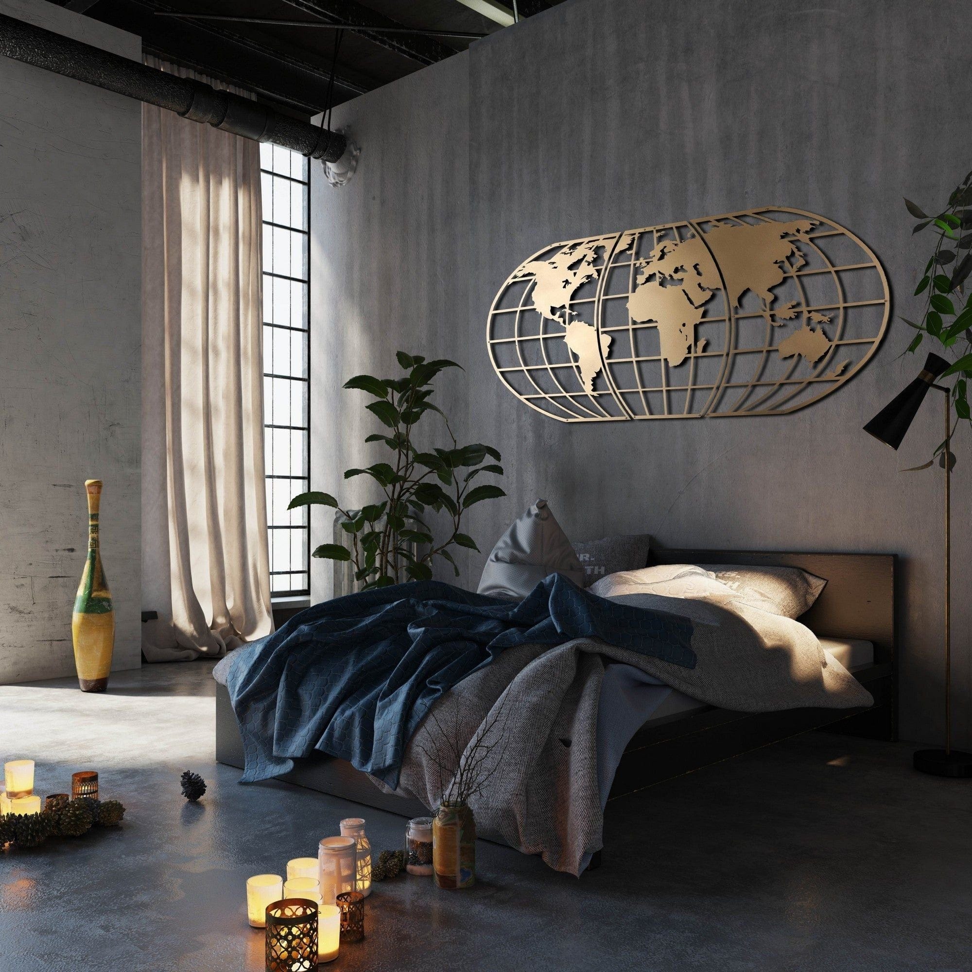 Decoratiune perete WORLD MAP GLOBE, auriu, metal, 120x60 cm