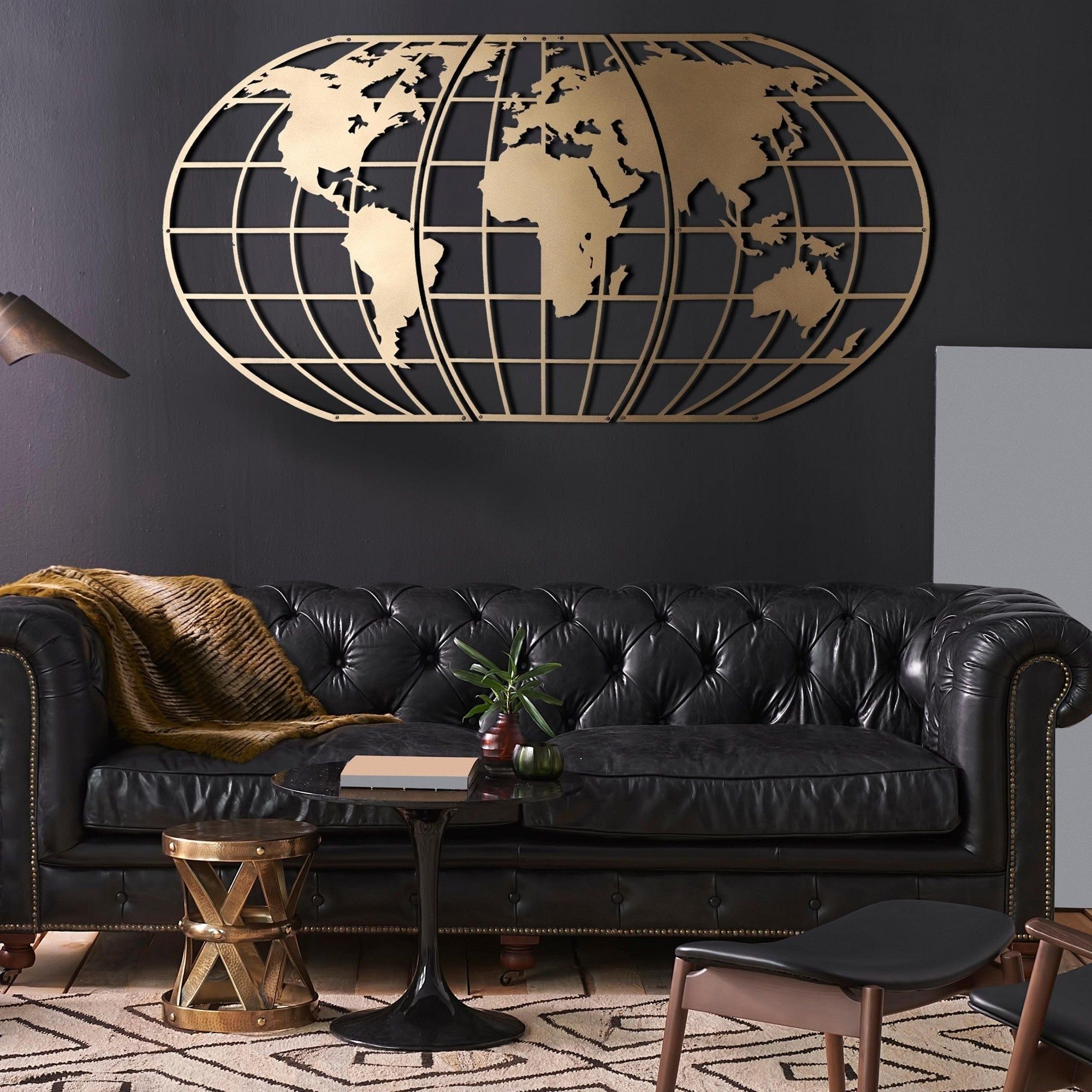 Decoratiune perete WORLD MAP GLOBE, auriu, metal, 120x60 cm