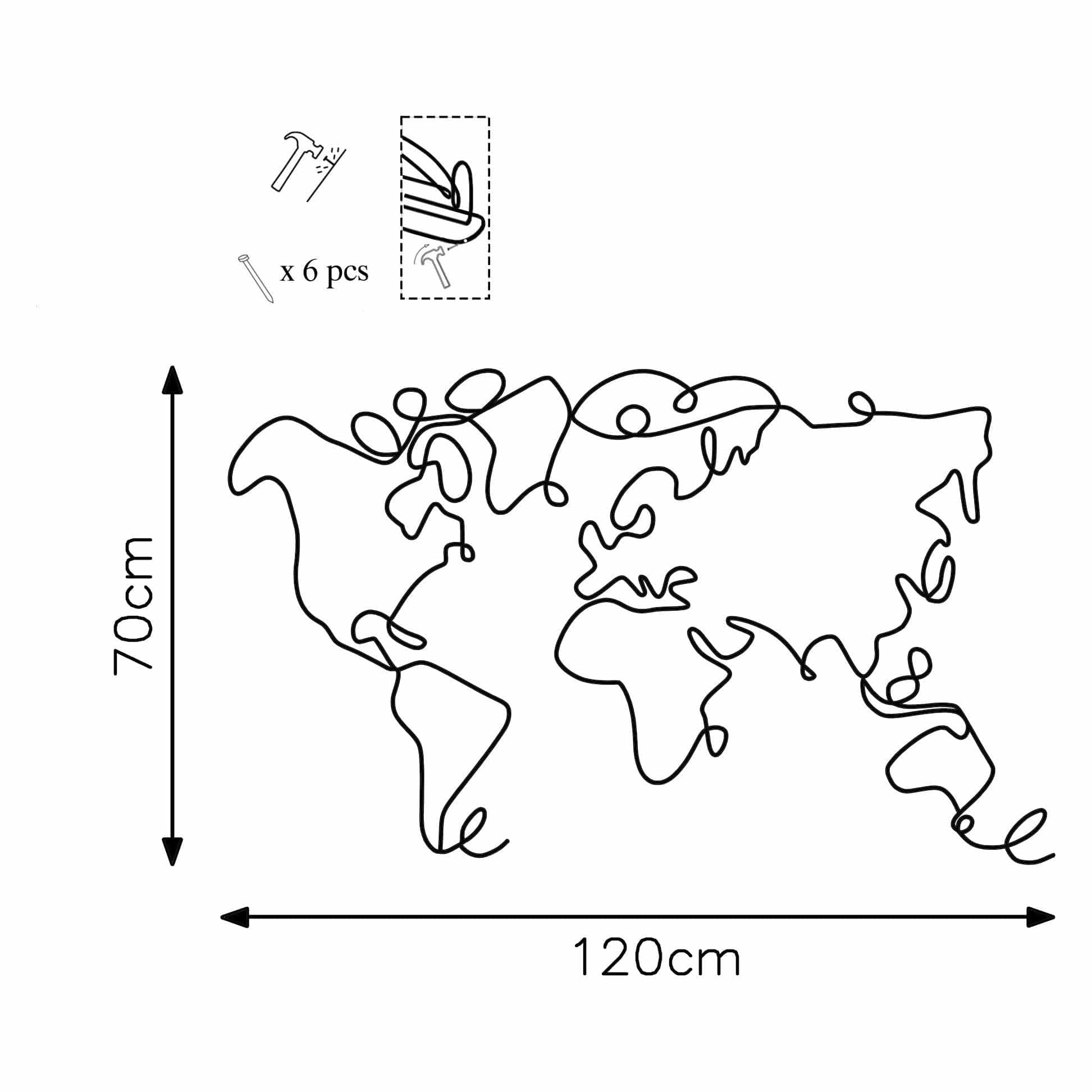 Decoratiune perete WORLD MAP, negru, metalic, 120x2x70 cm