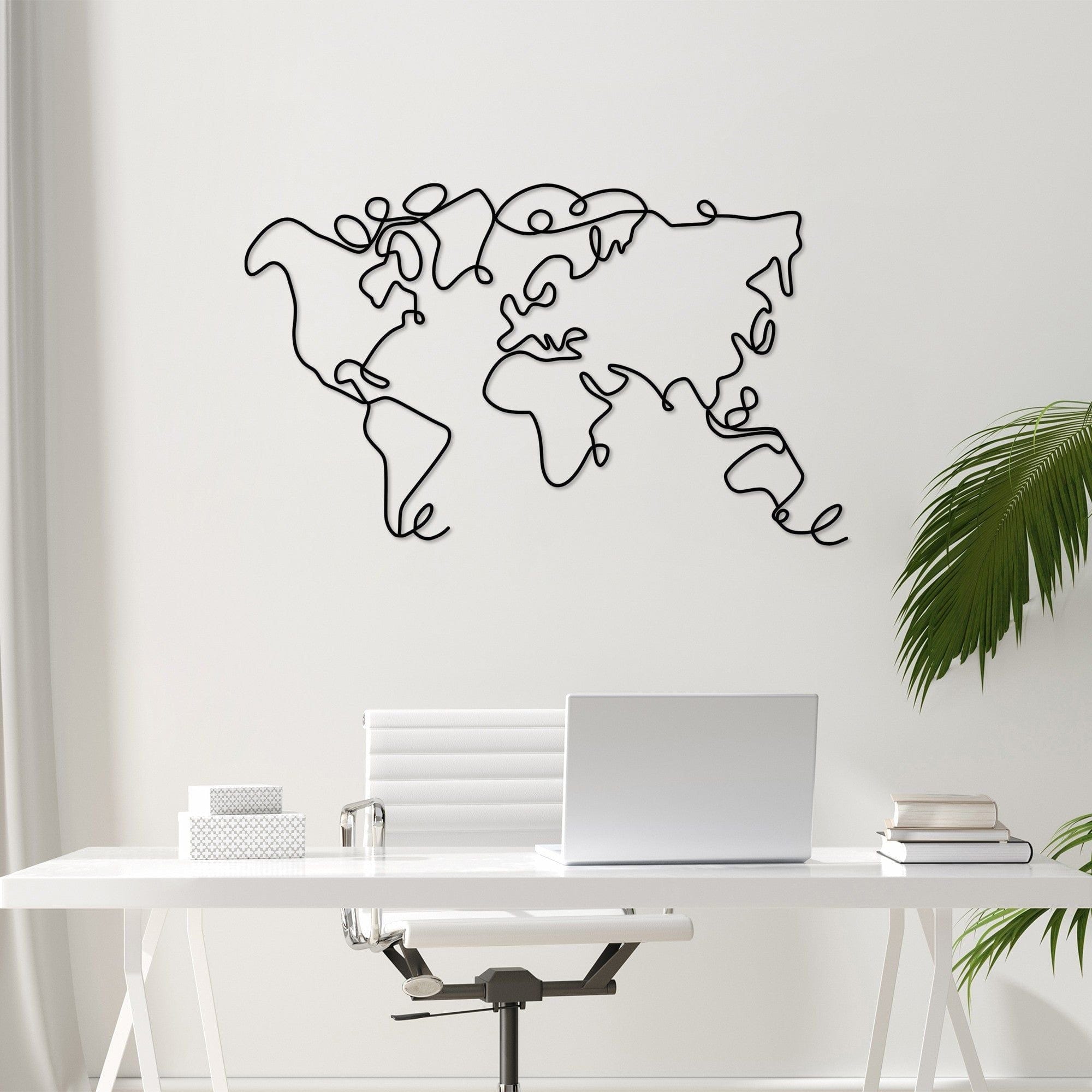 Decoratiune perete WORLD MAP, negru, metalic, 120x2x70 cm