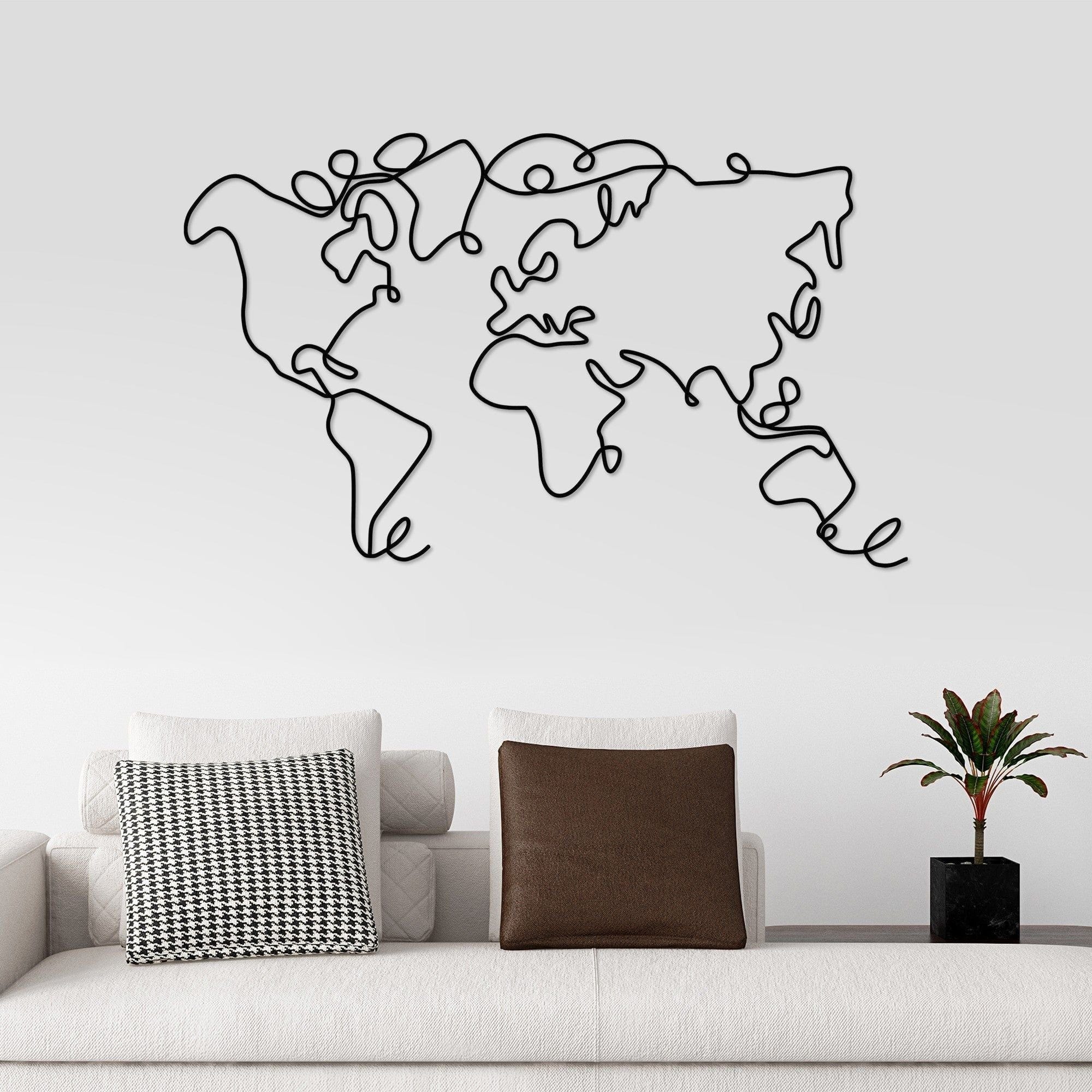 Decoratiune perete WORLD MAP, negru, metalic, 120x2x70 cm