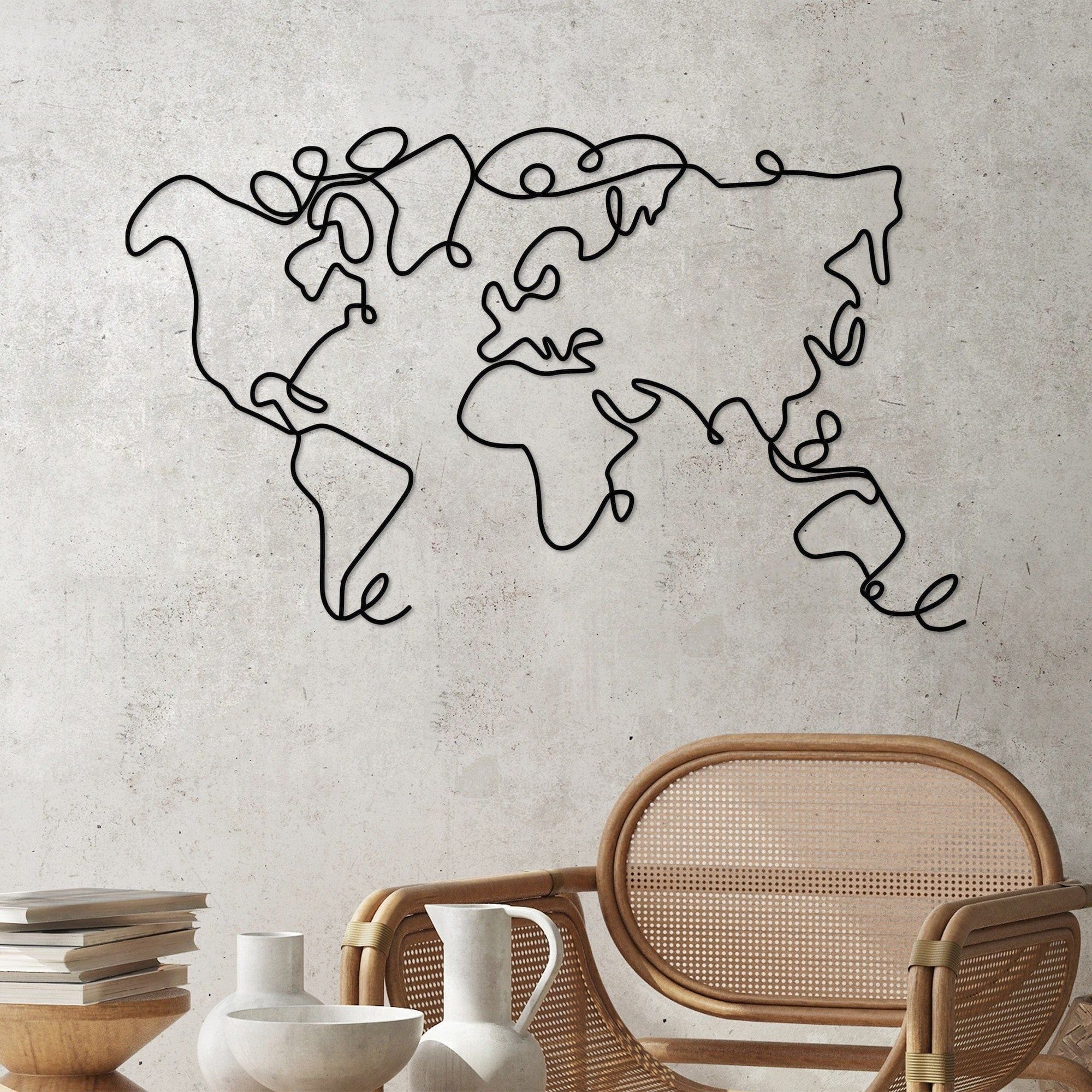Decoratiune perete WORLD MAP, negru, metalic, 120x2x70 cm