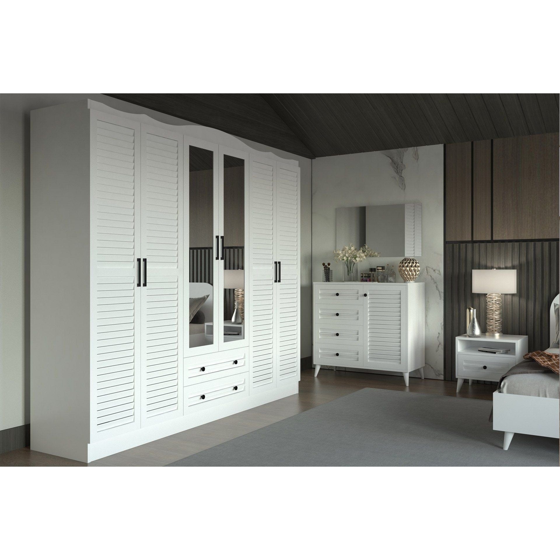 Dresing NIL 806, alb, PAL melaminat, cu 6 usi si 2 sertare, 210x50x186 cm