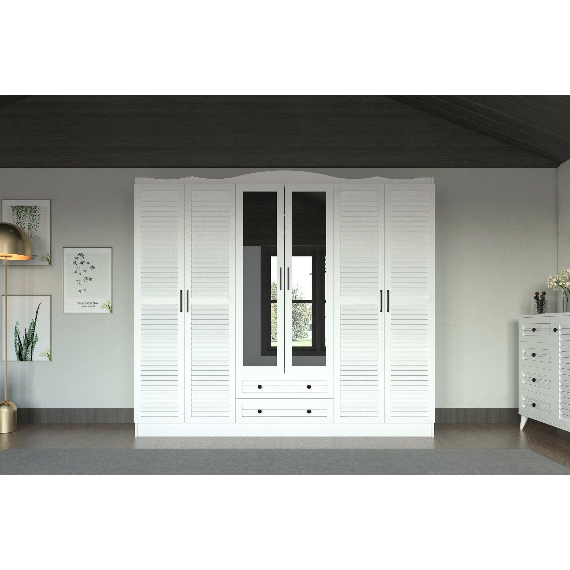 Dresing NIL 806, alb, PAL melaminat, cu 6 usi si 2 sertare, 210x50x186 cm
